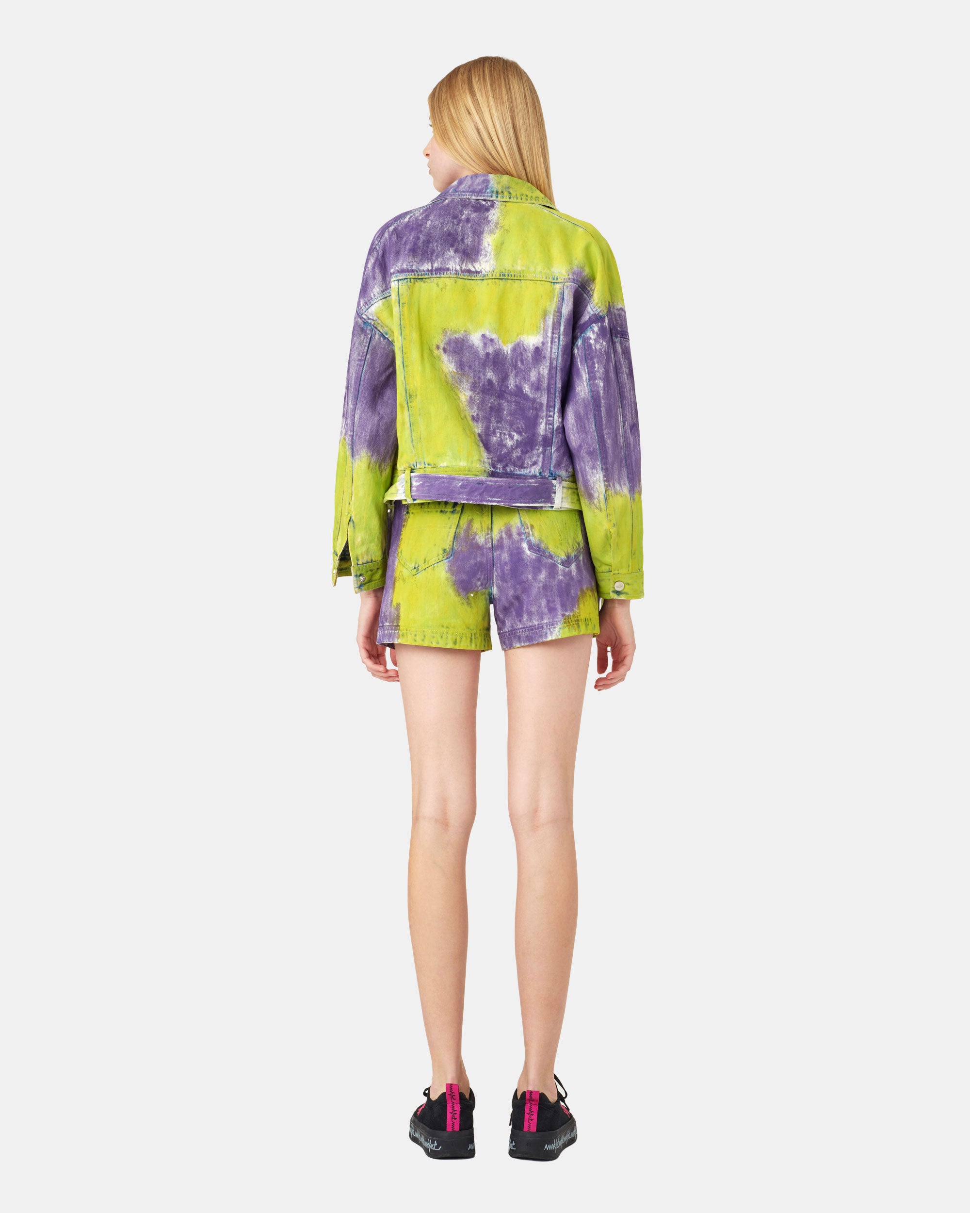 Women's Cyberpunk Neon Tie Dye Asymmetrical Zip Denim Jacket