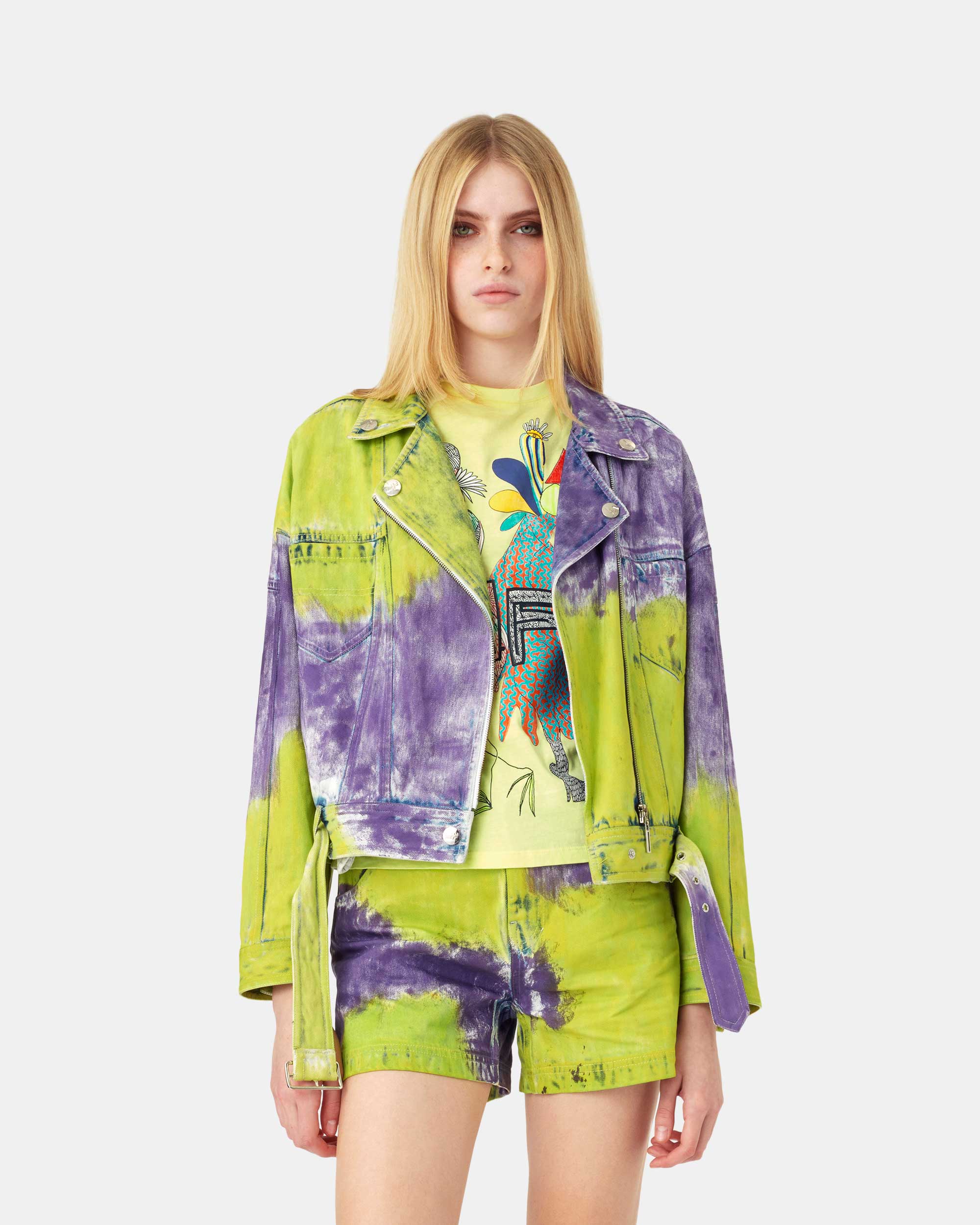 Women's Cyberpunk Neon Tie Dye Asymmetrical Zip Denim Jacket
