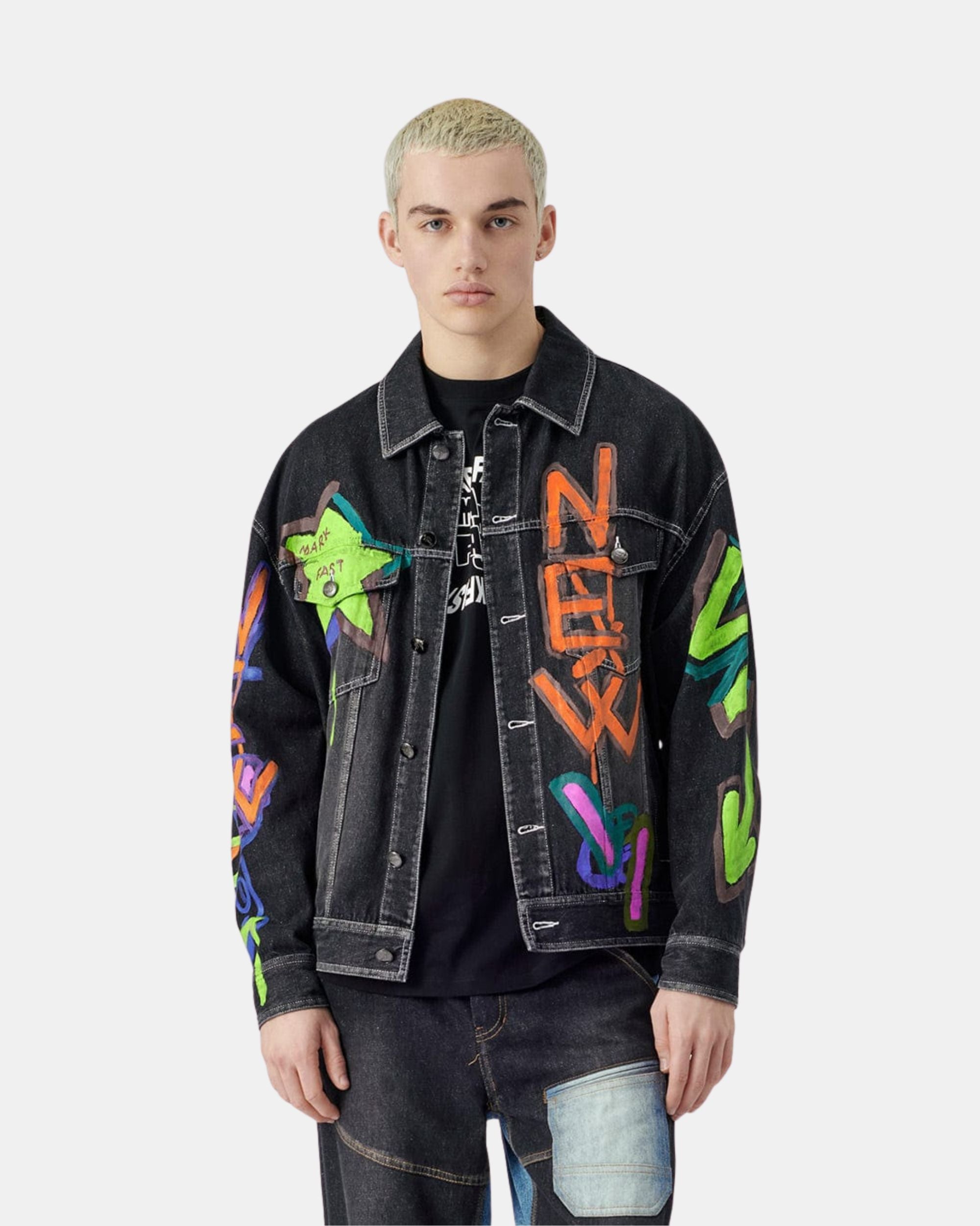 Unisex graffiti print black denim jacket