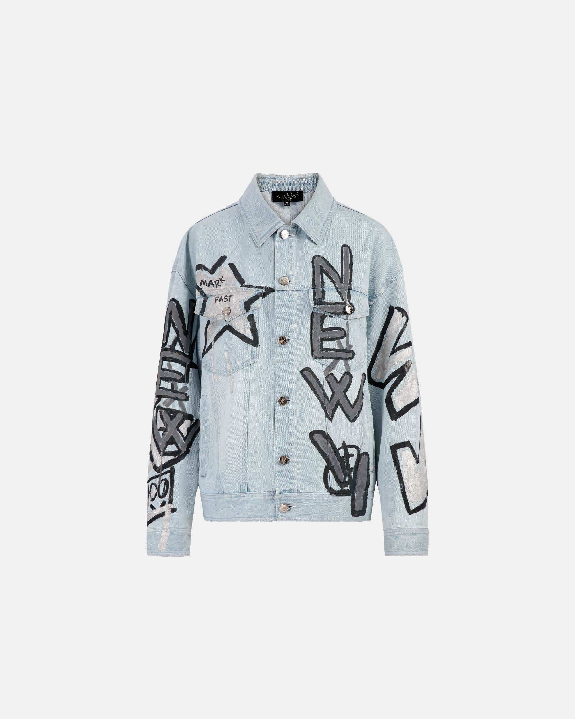 Unisex Metallic Star Graffiti Bleached Denim Jacket