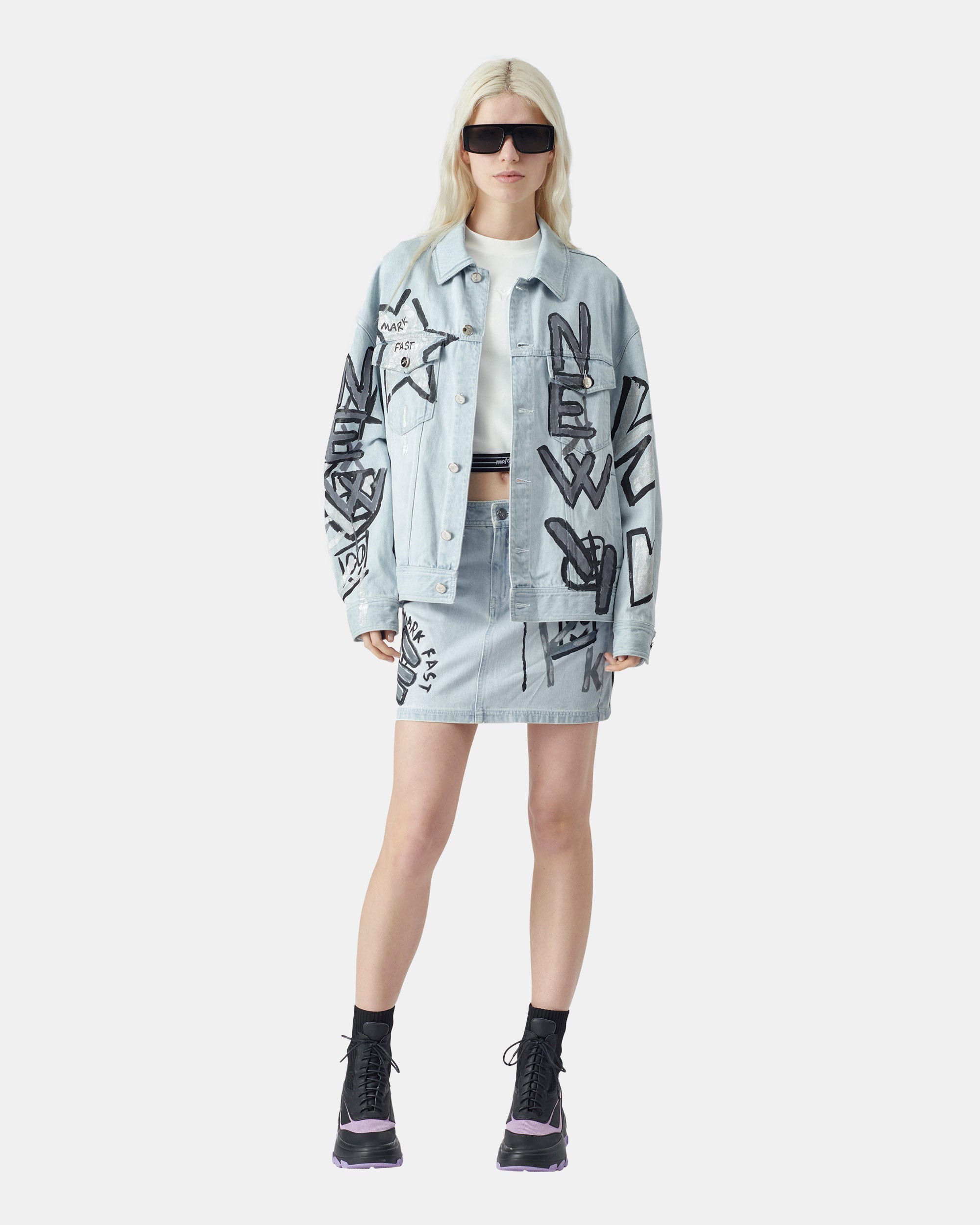 Unisex Metallic Star Graffiti Bleached Denim Jacket