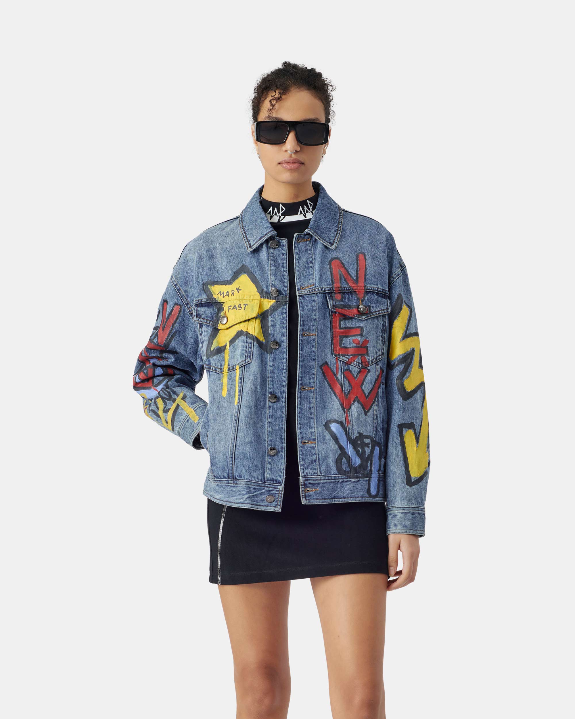 Unisex Metallic Star Graffiti Bleached Denim Jacket
