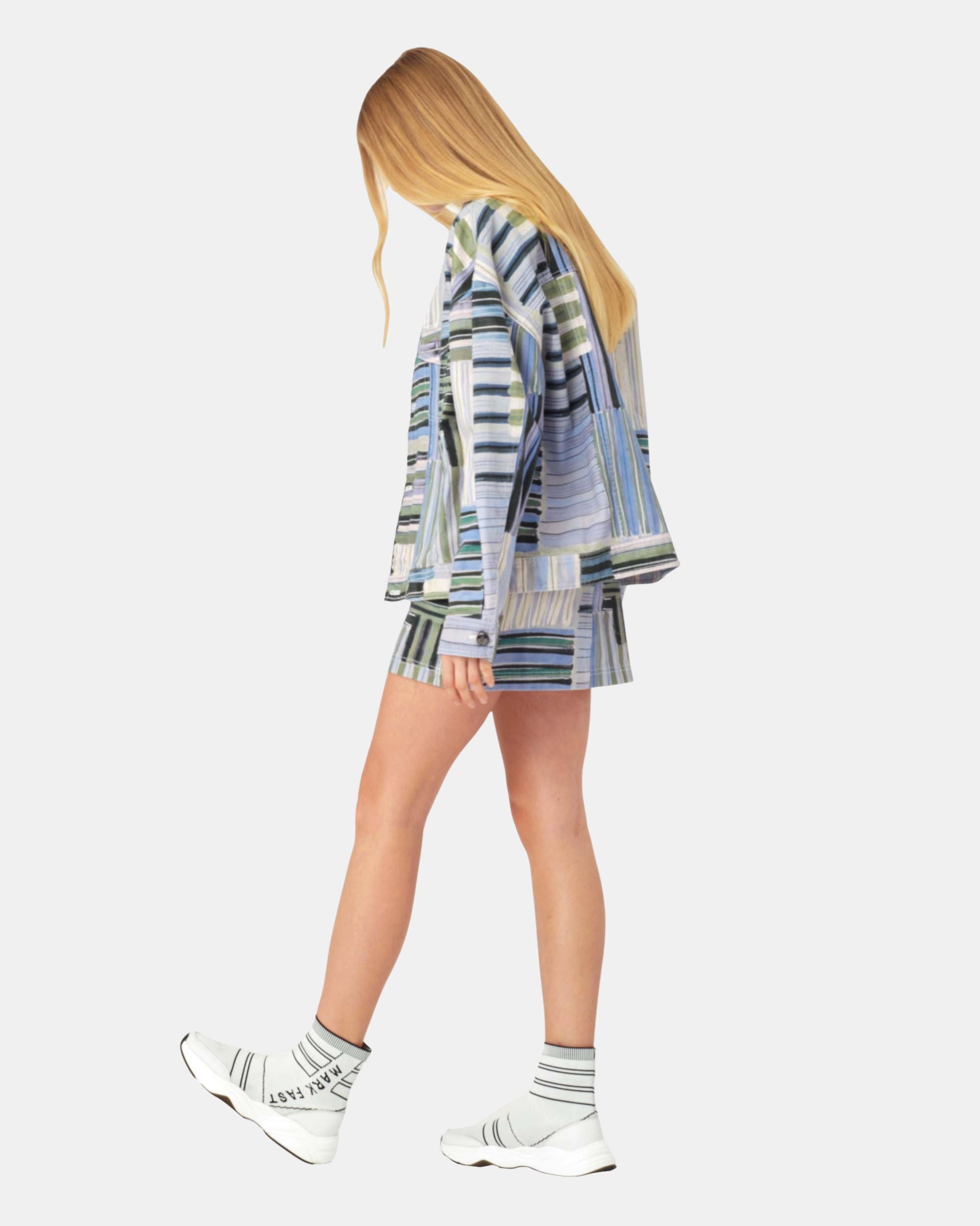 Women's Abstract Patchwork Striped Front Zip Denim Mini Skirt