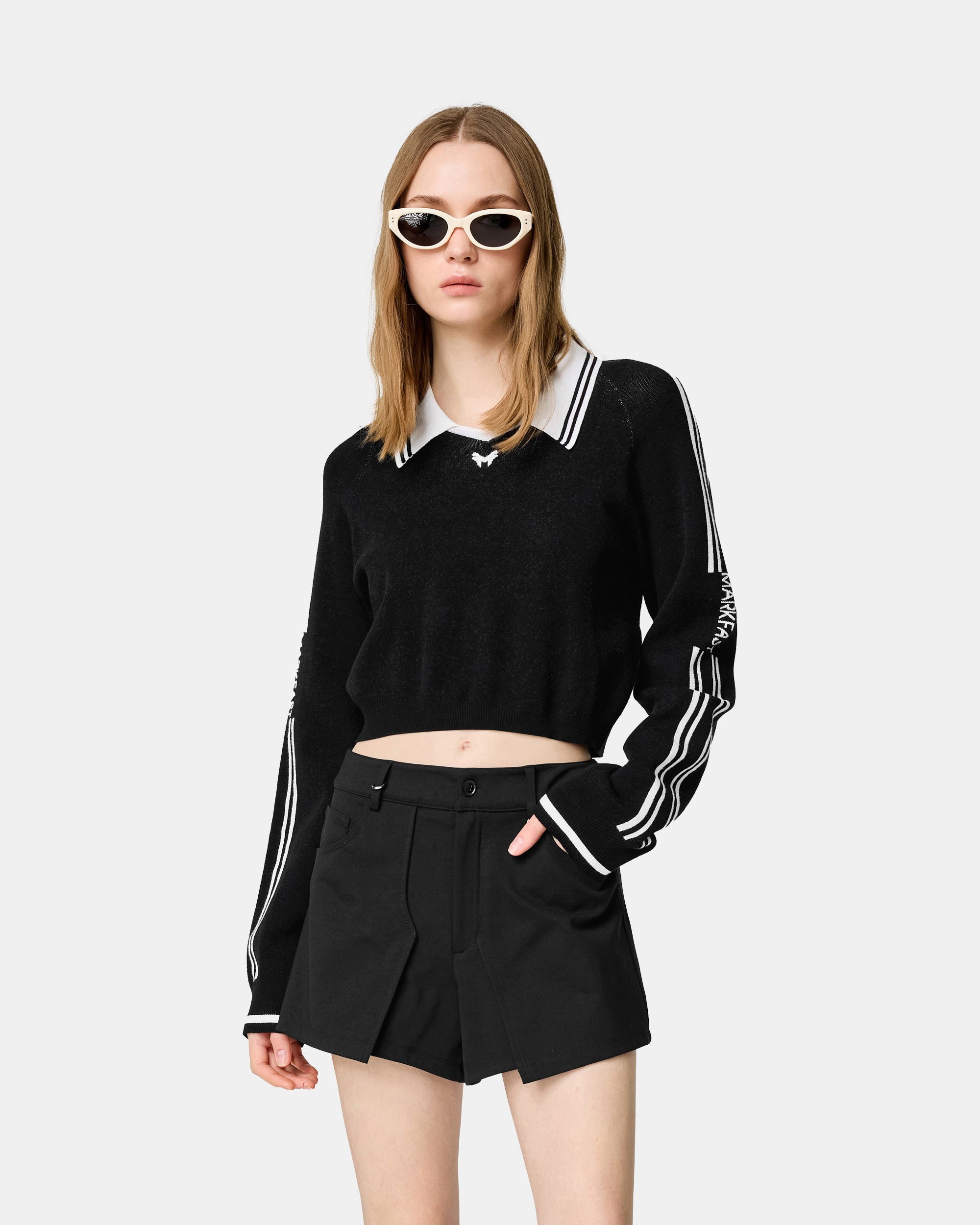 Women's Black Lapel Sports Knit Pullover