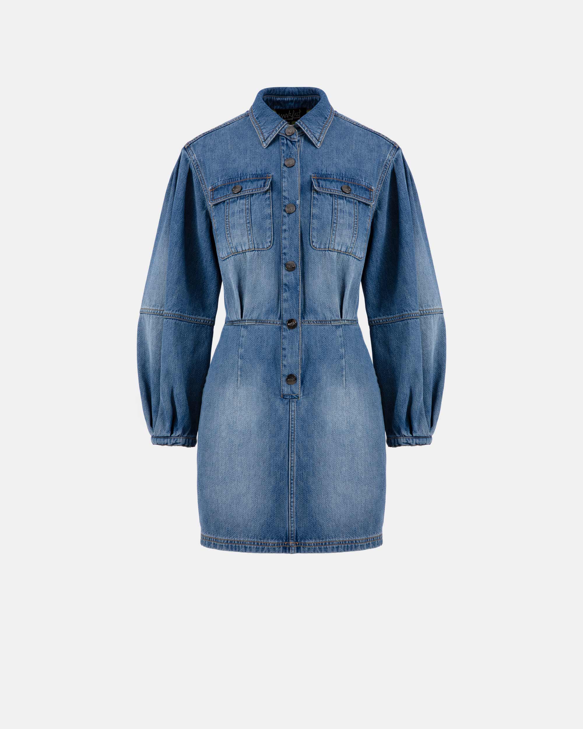 Women's Button Up Lantern Sleeve Utility Denim Mini Dress in Mid Blue