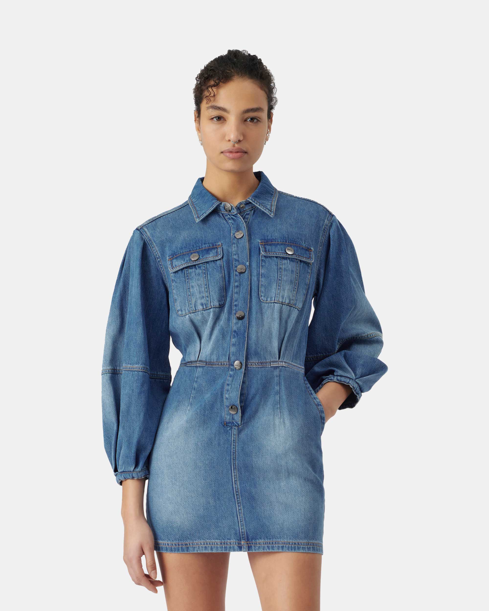 Women's Button Up Lantern Sleeve Utility Denim Mini Dress in Mid Blue