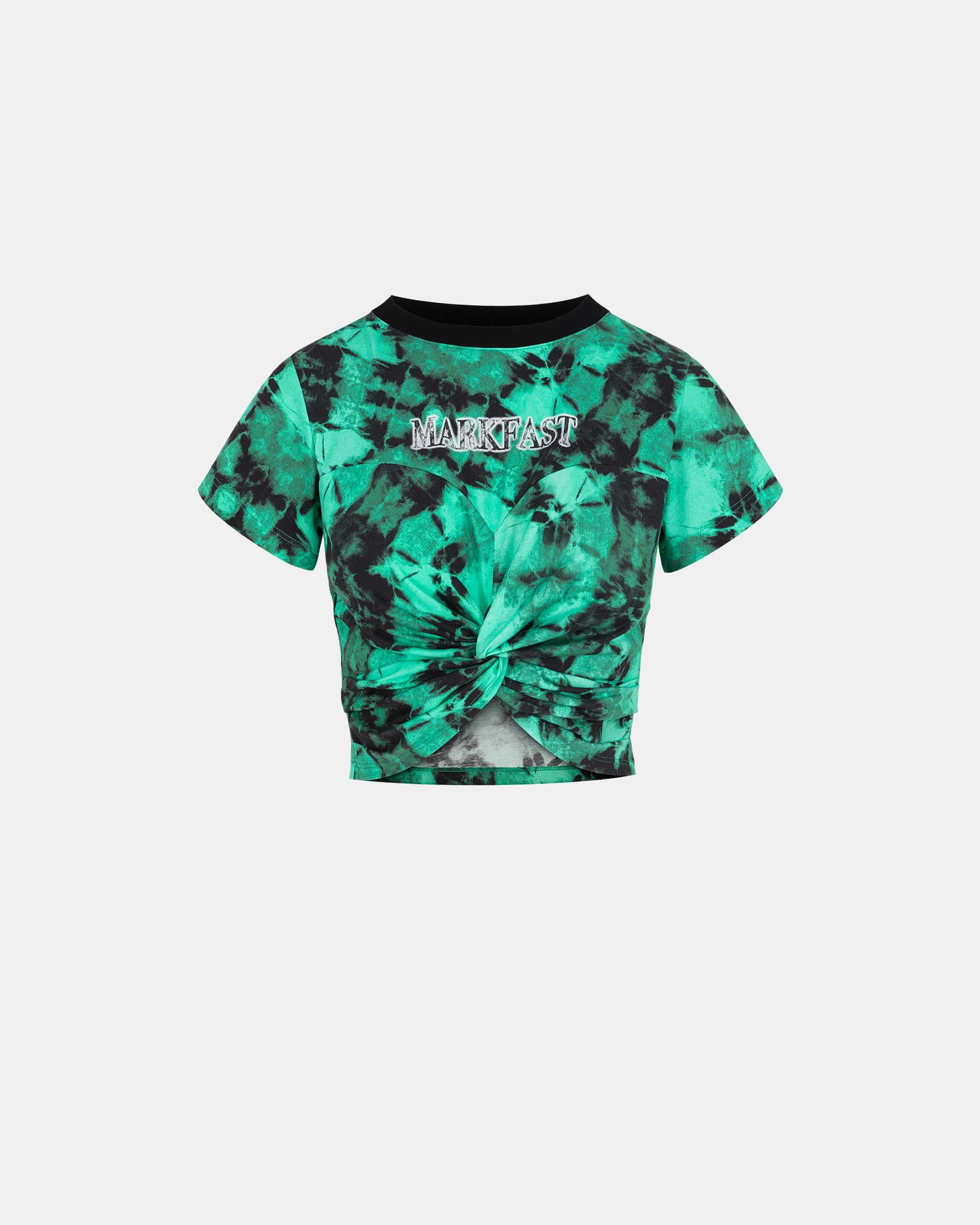 Women's Cotton Green Tie-Dye Twist Front Cropped Slim-Fit T-Shirt
