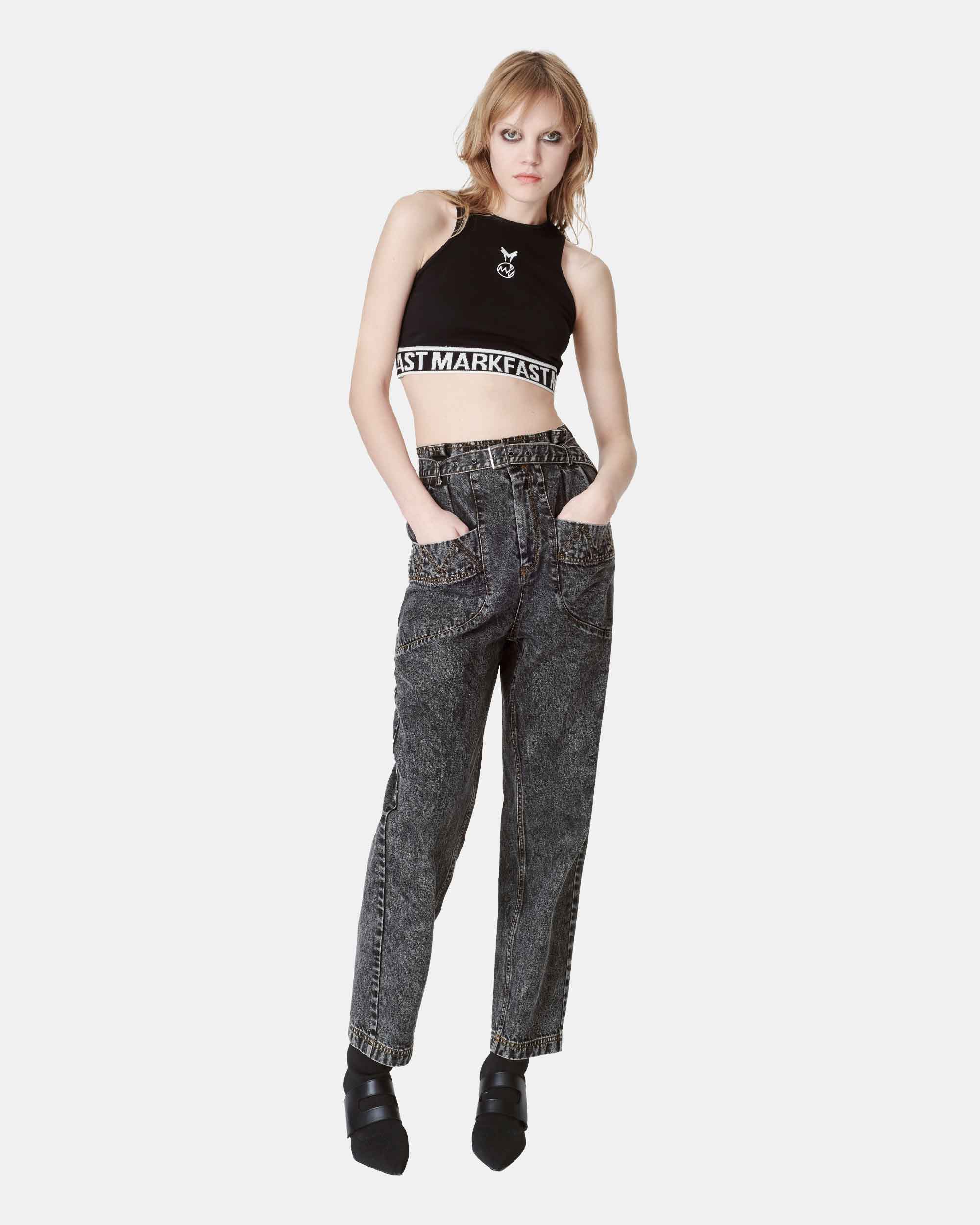 Women's High Waisted Acid Wash Black Paperbag Tapered Jeans