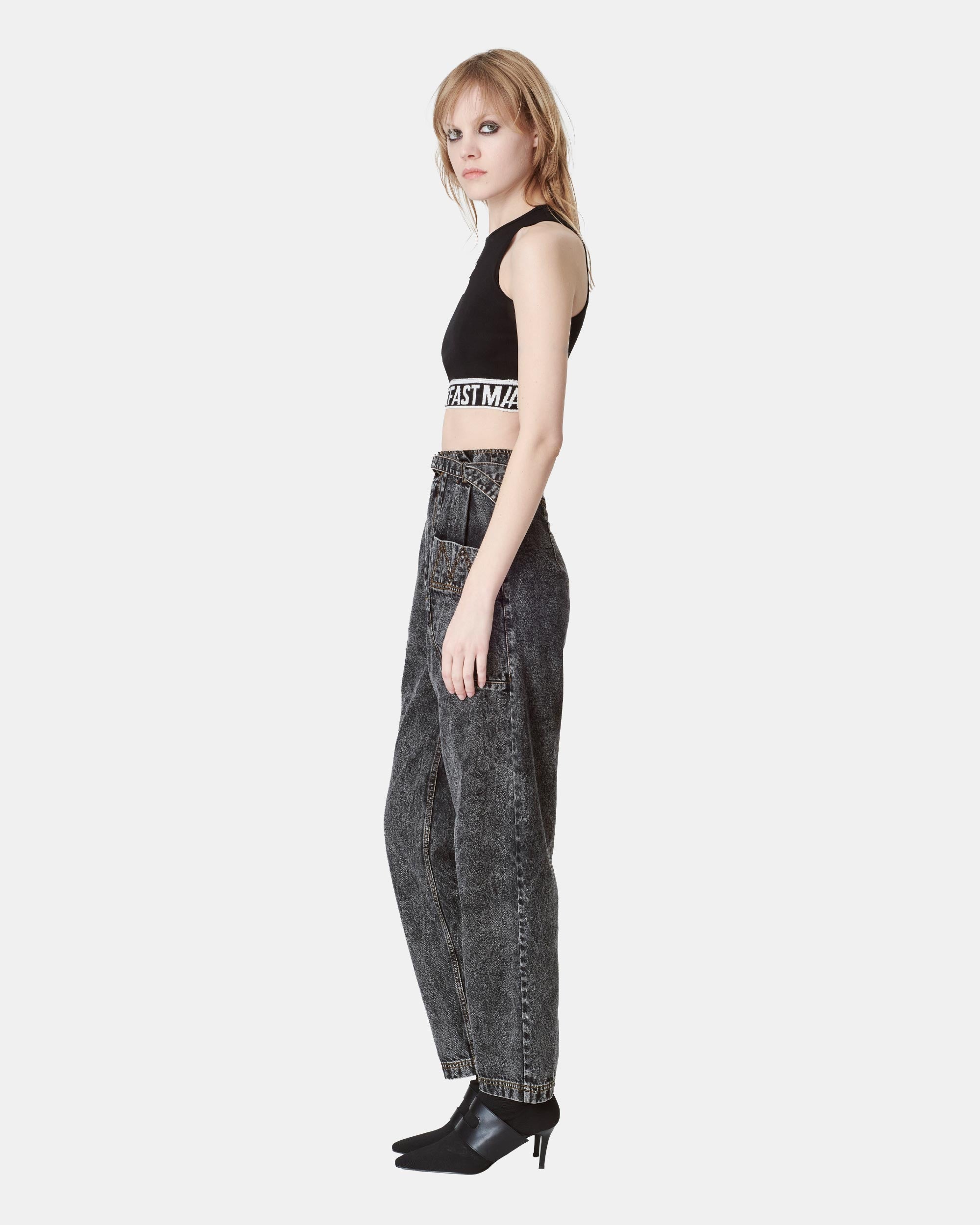 Women's High Waisted Acid Wash Black Paperbag Tapered Jeans