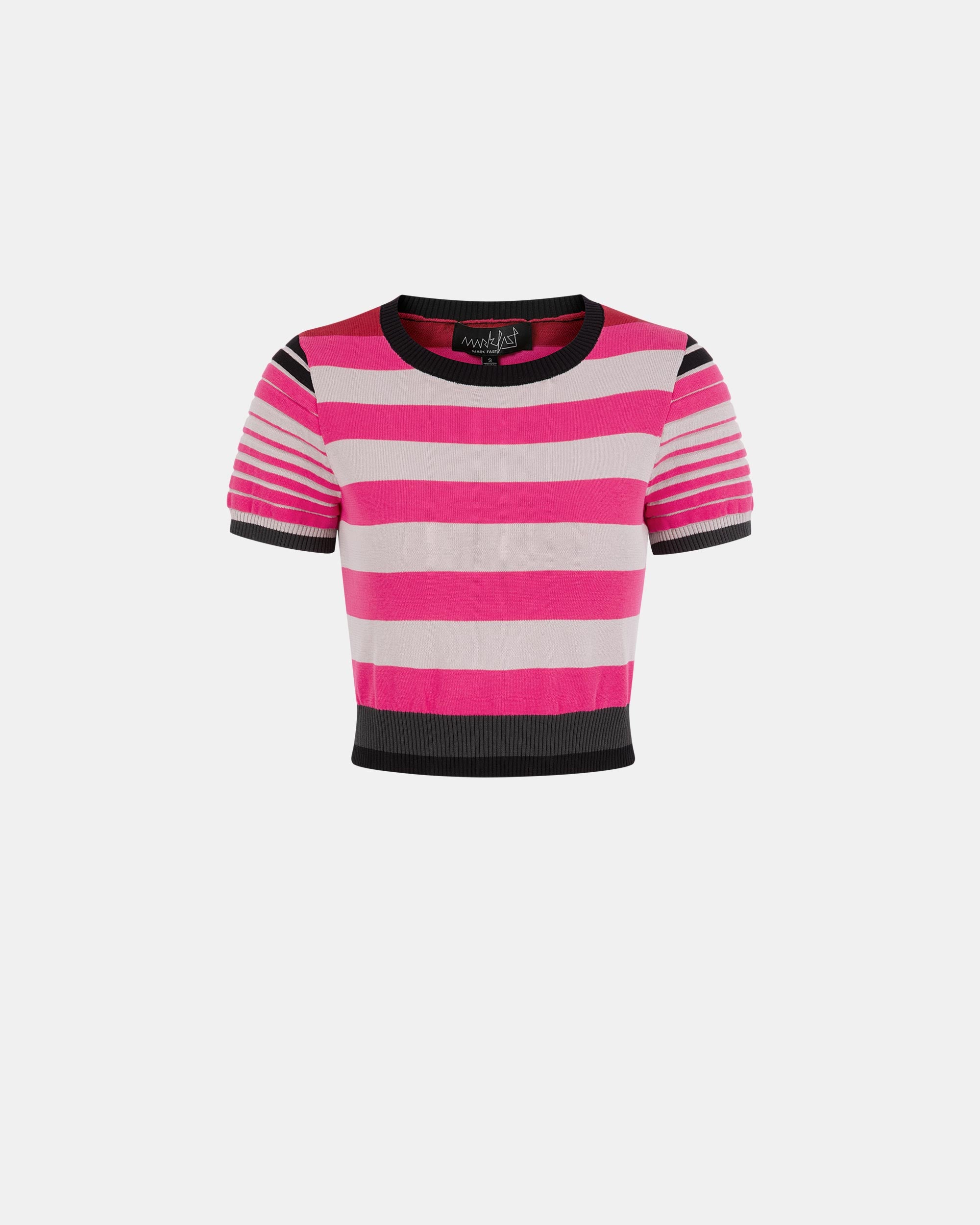 Women's Hot Pink Contrast Stripe Short Sleeve Cropped Sweater