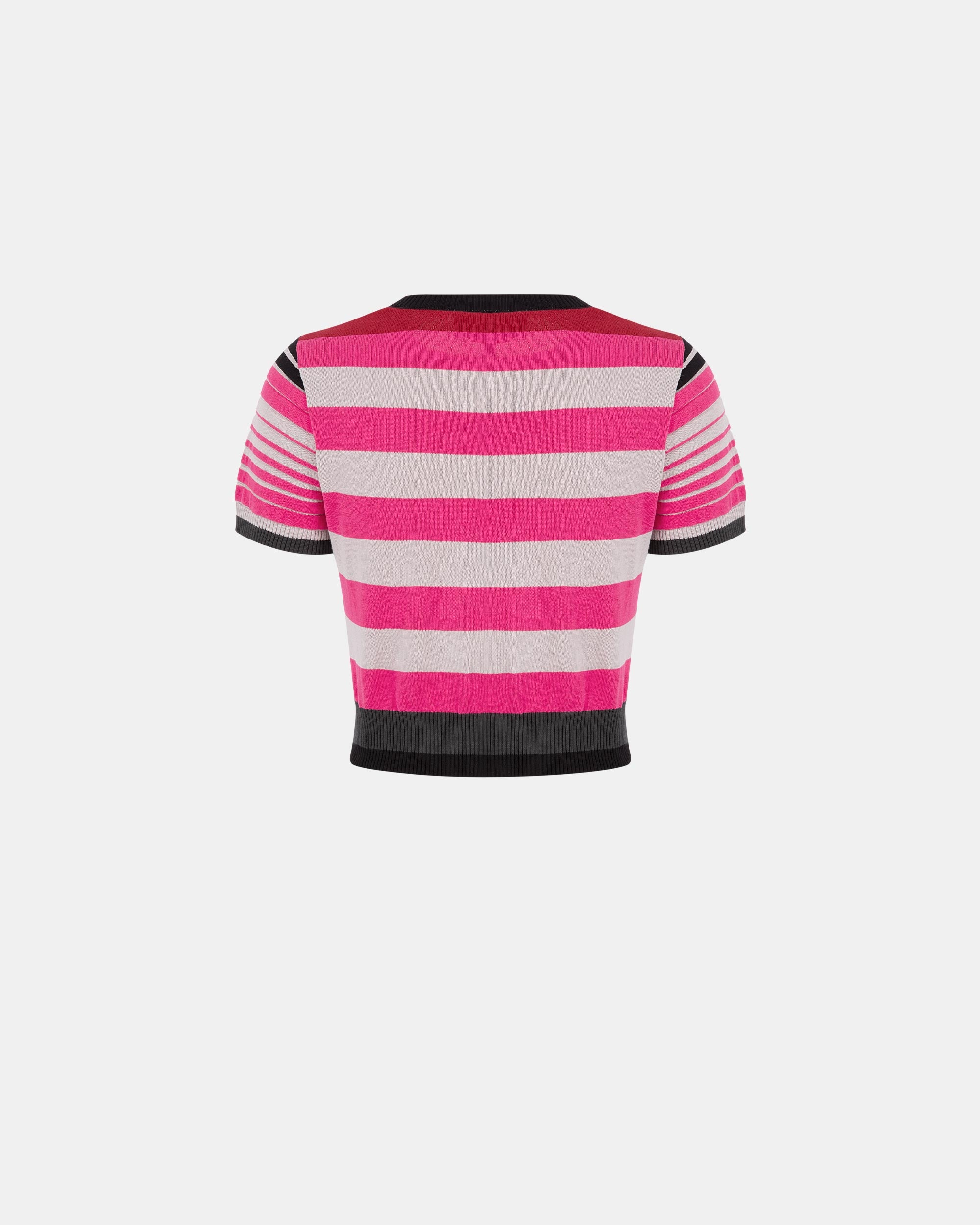Women's Hot Pink Contrast Stripe Short Sleeve Cropped Sweater