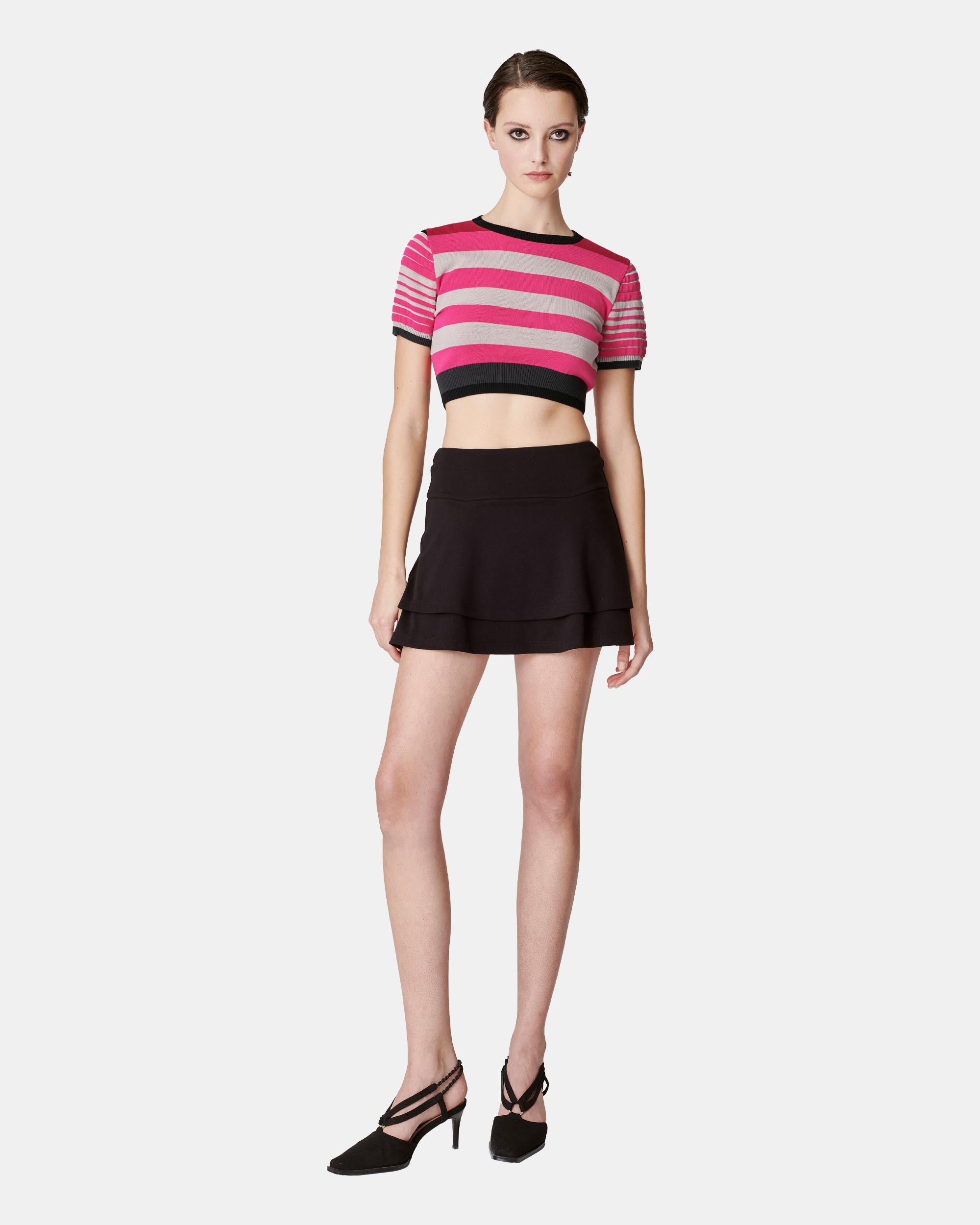 Women's Hot Pink Contrast Stripe Short Sleeve Cropped Sweater