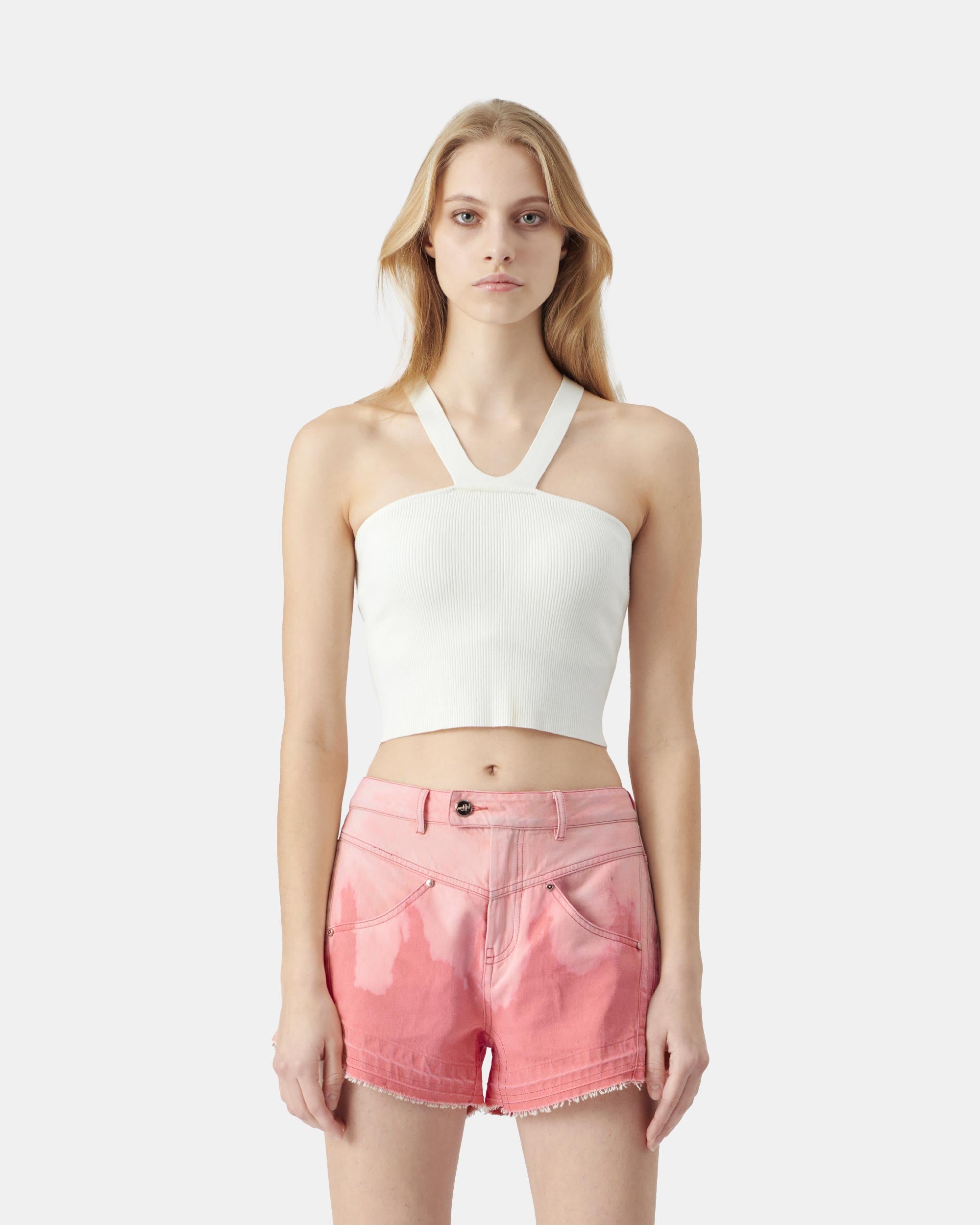 Women's Light Pink Tie-Blend Denim Shorts