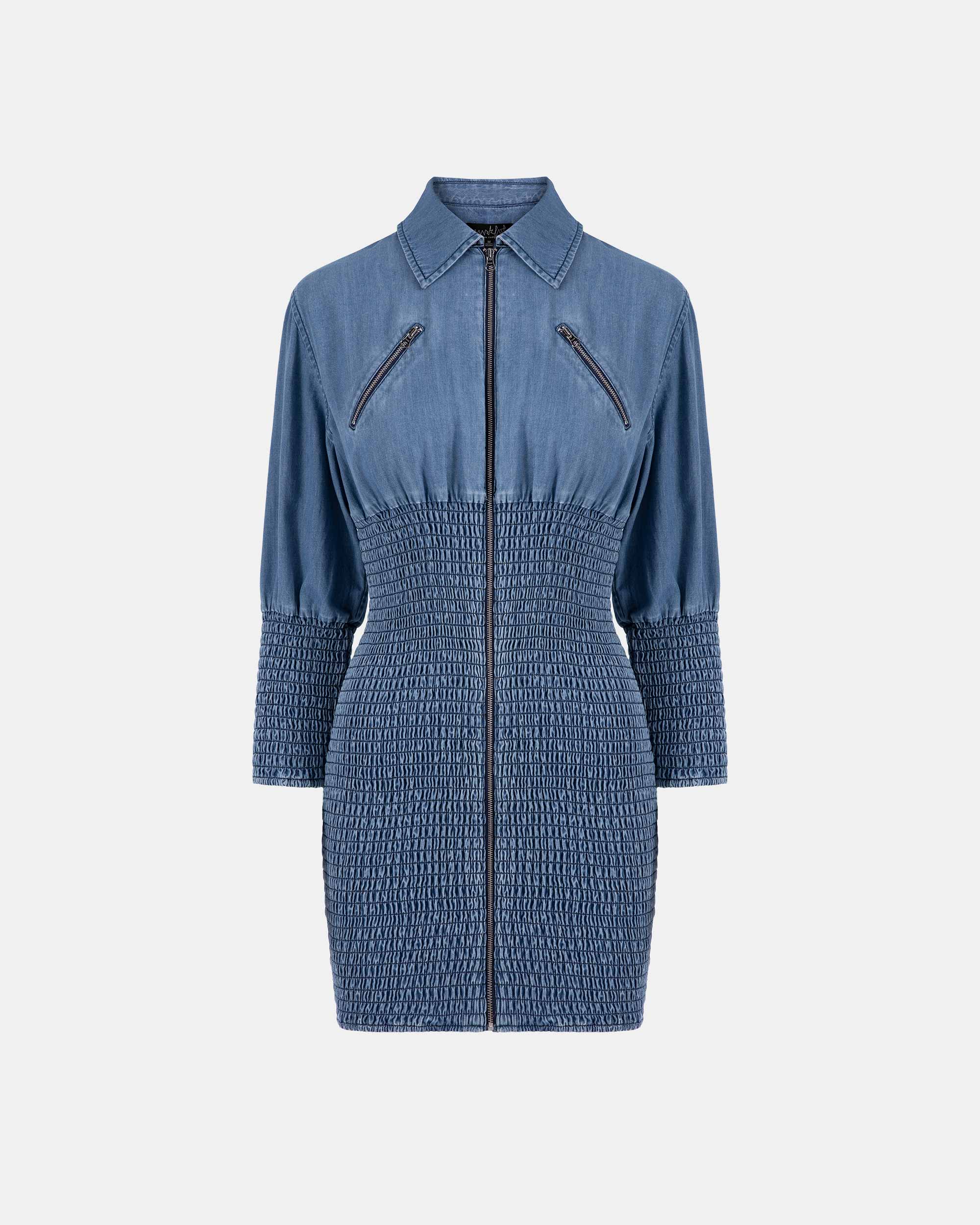 Women's Mid Blue Ruched Denim Dress