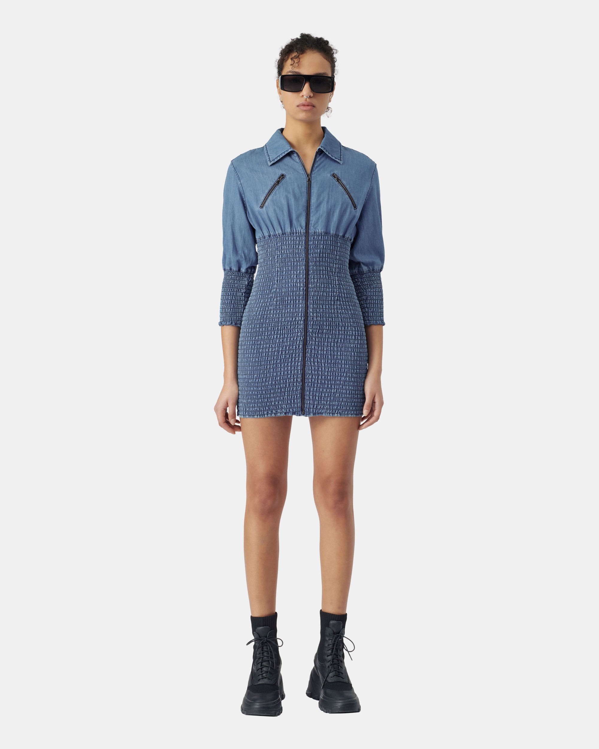 Women's Mid Blue Ruched Denim Dress