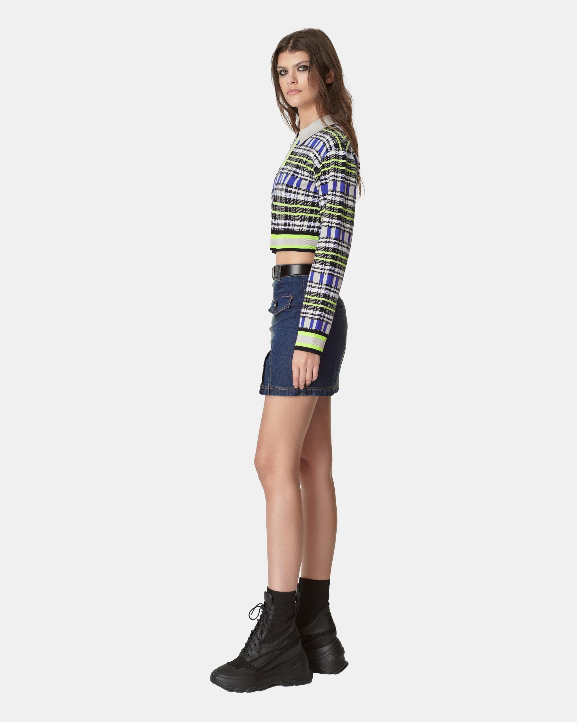 Women's Neon Plaid Checkered Half Zip Cropped Polo Sweater