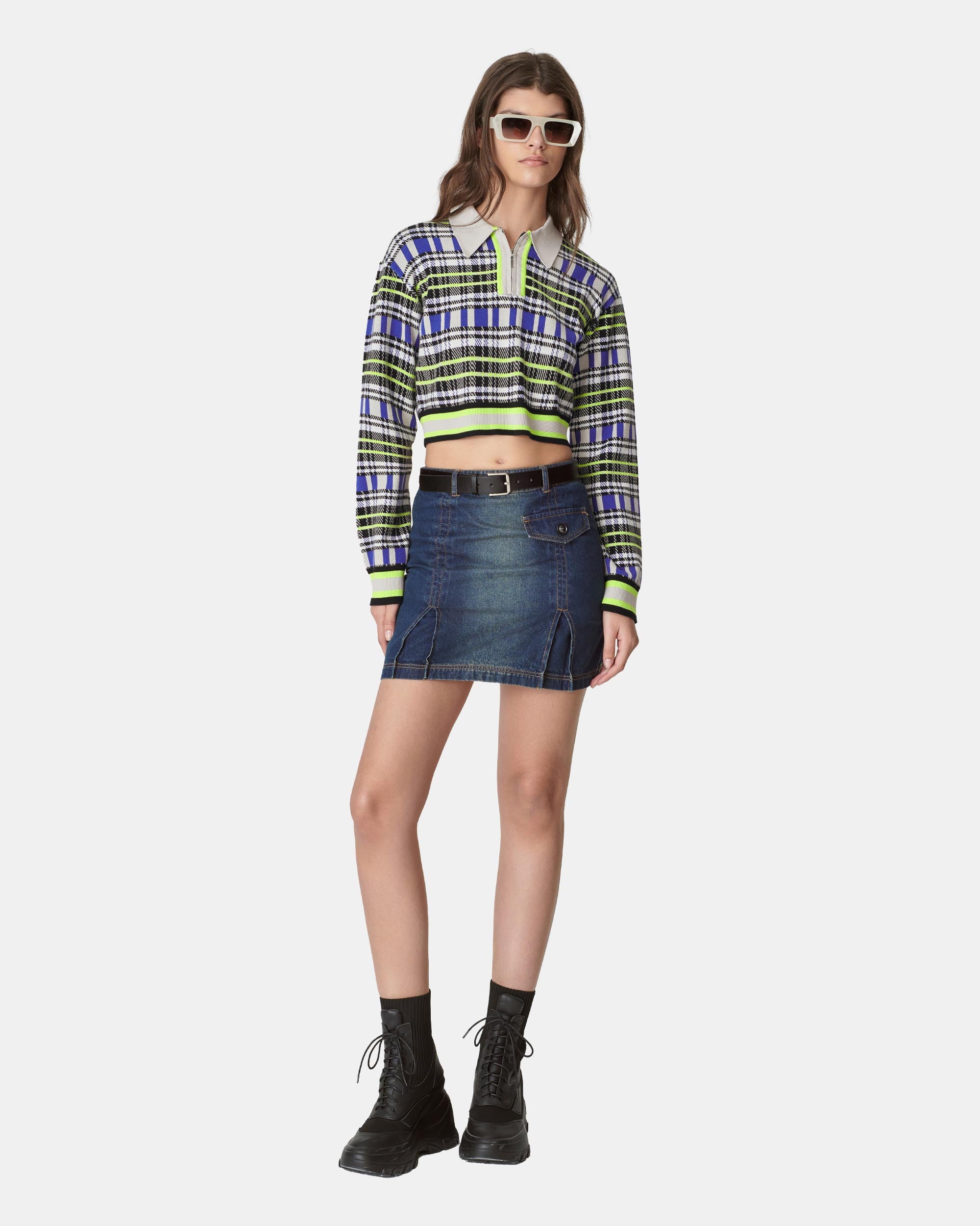 Women's Neon Plaid Checkered Half Zip Cropped Polo Sweater