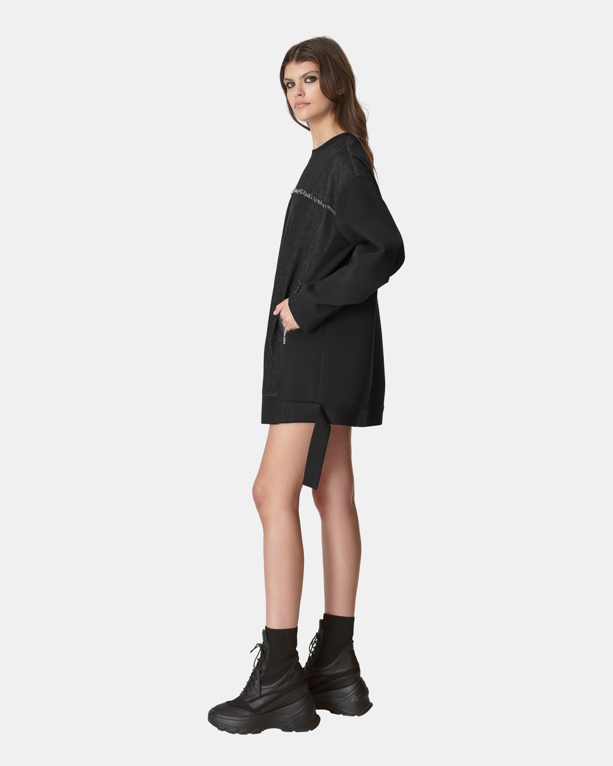 Women's Oversized Mixed Media Denim Sweatshirt Dress with Raw Edge Details