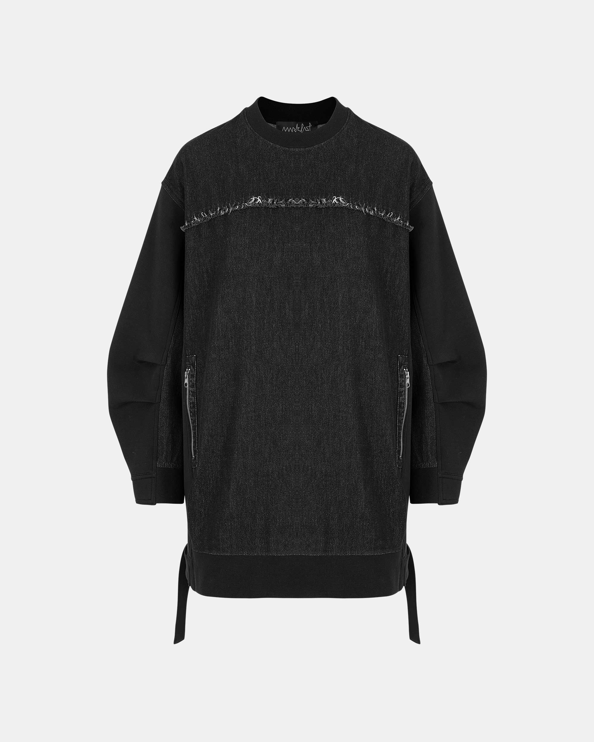 Women's Oversized Mixed Media Denim Sweatshirt Dress with Raw Edge Details