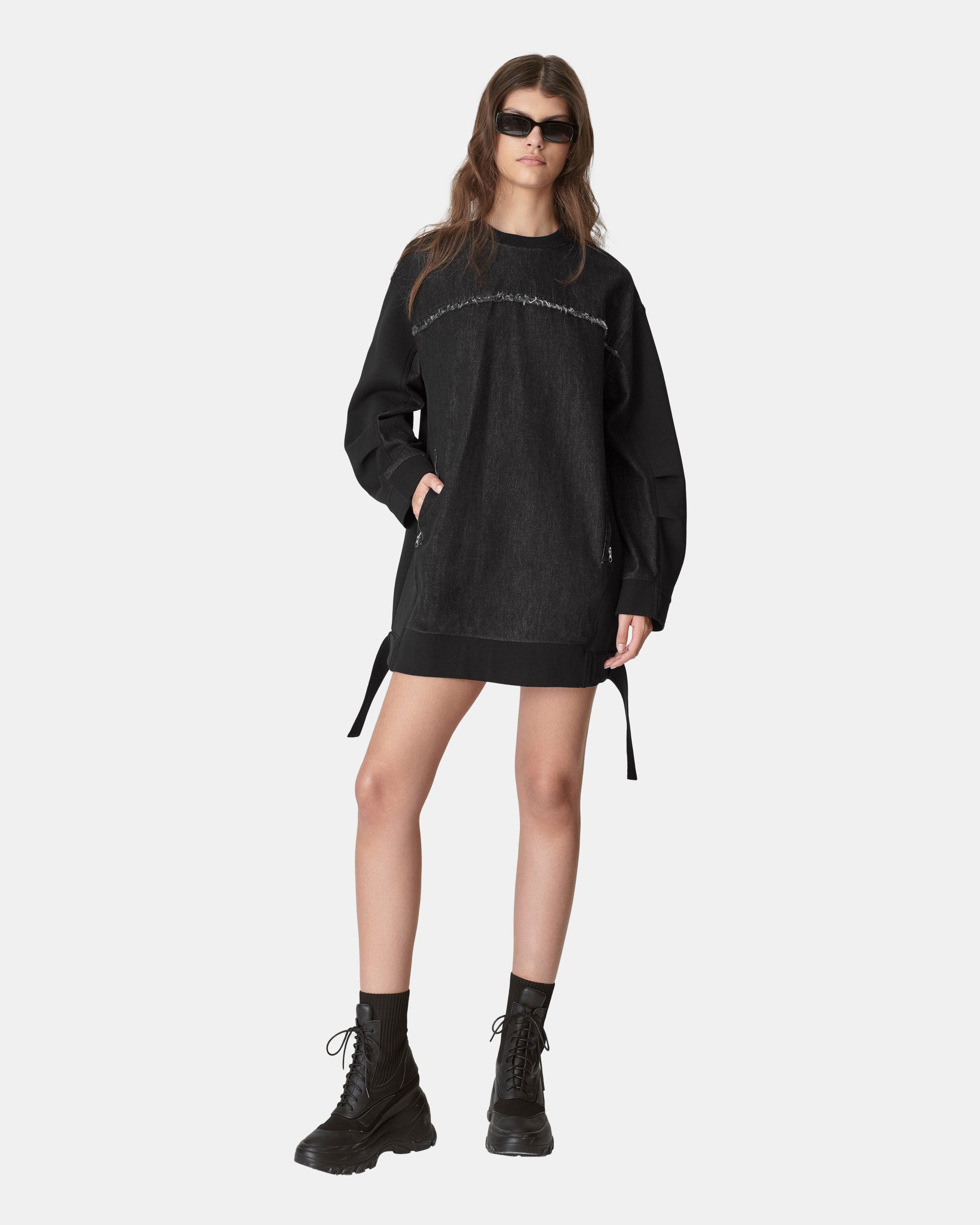 Women's Oversized Mixed Media Denim Sweatshirt Dress with Raw Edge Details
