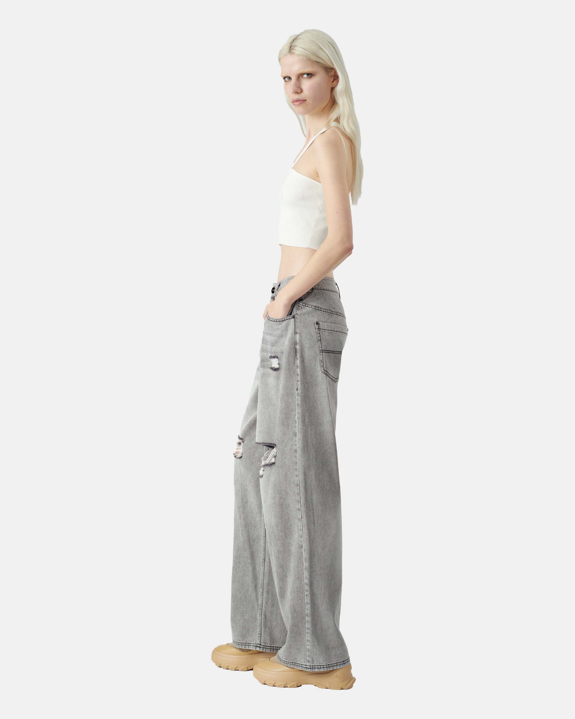 Women's Ripped Light Grey Straight Leg Jeans