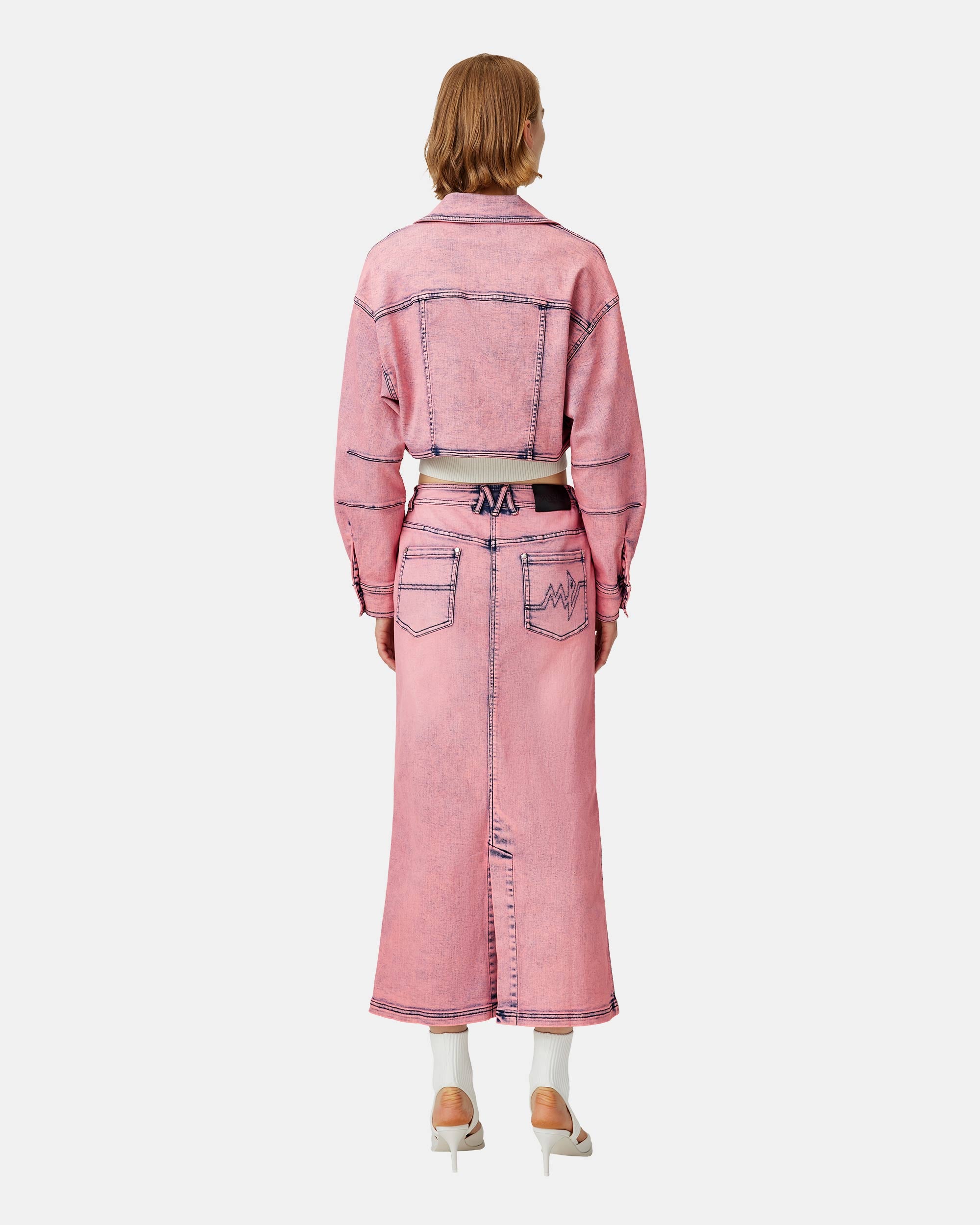 Women's Vintage Acid Wash Dusty Pink Notched Collar Crop Denim Jacket