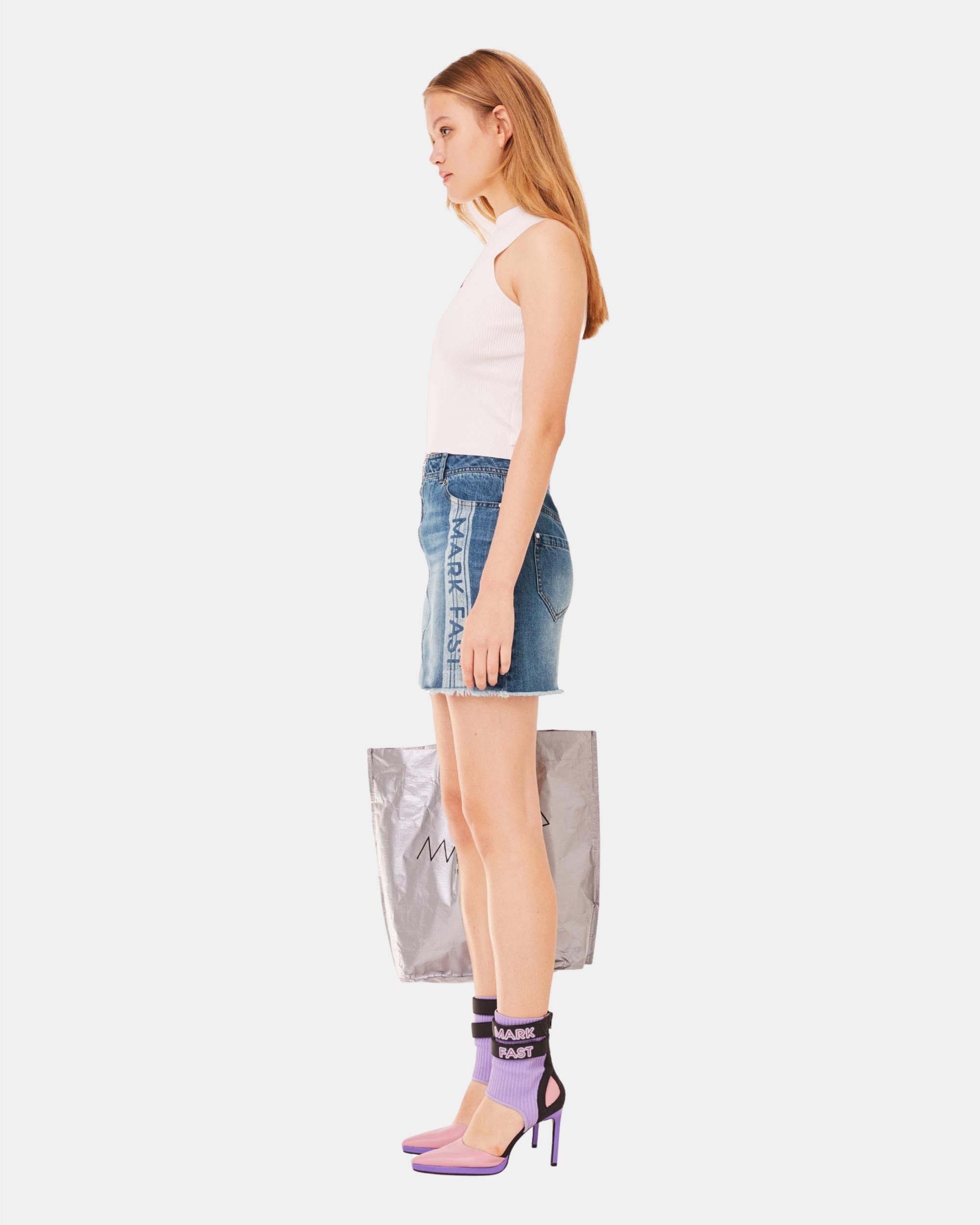 Women's Zip-Up Raw Edge Ripped Denim Skirt