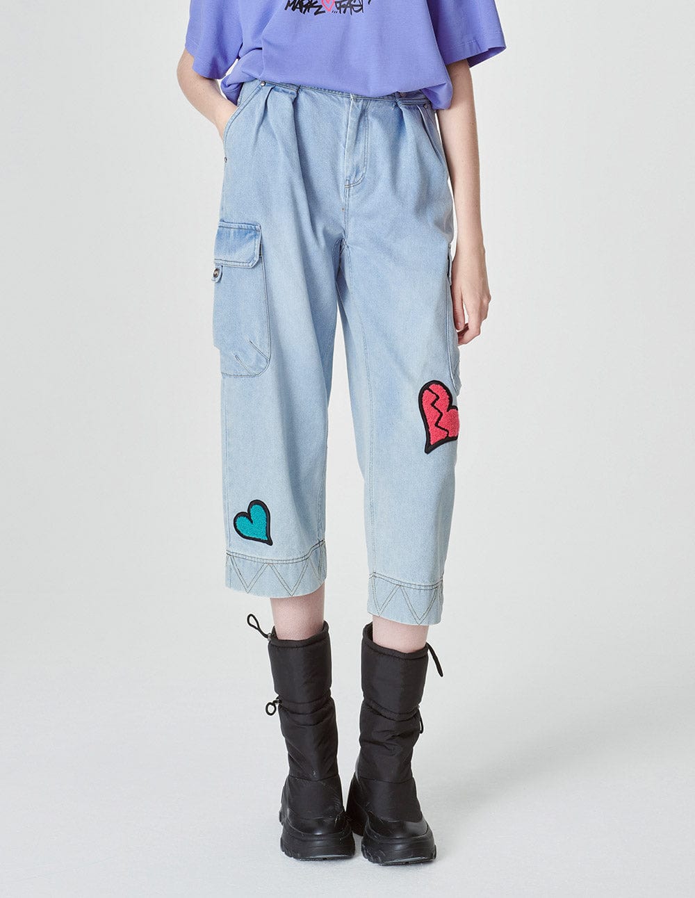 Women's High-Waisted Loose Straight-Leg Cropped Jeans with Heart Patches