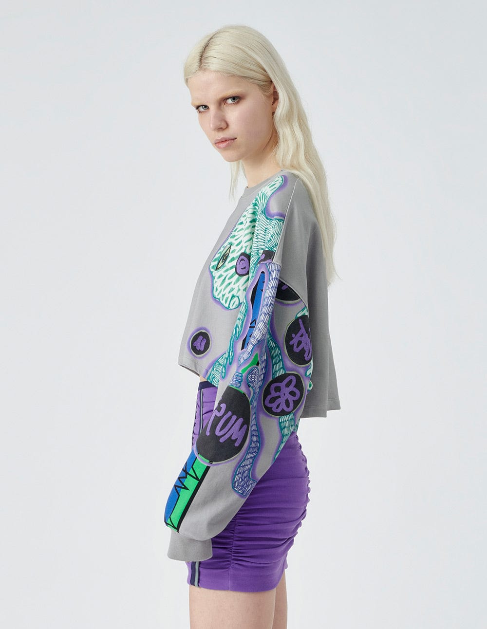 Women's Grey Contrast Print Crop Hoodie Sweatshirt