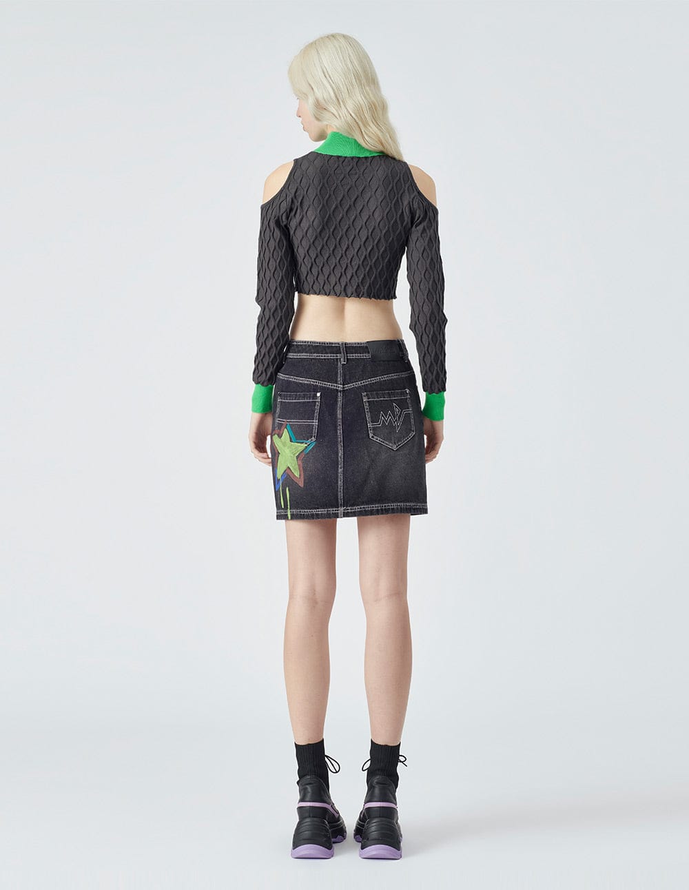 Women's Off-Shoulder Colourblock Cropped Knit Sweater