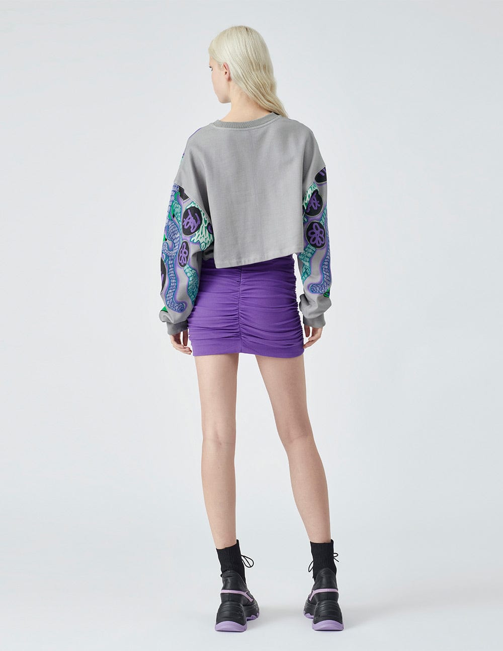 Women's Grey Contrast Print Crop Hoodie Sweatshirt