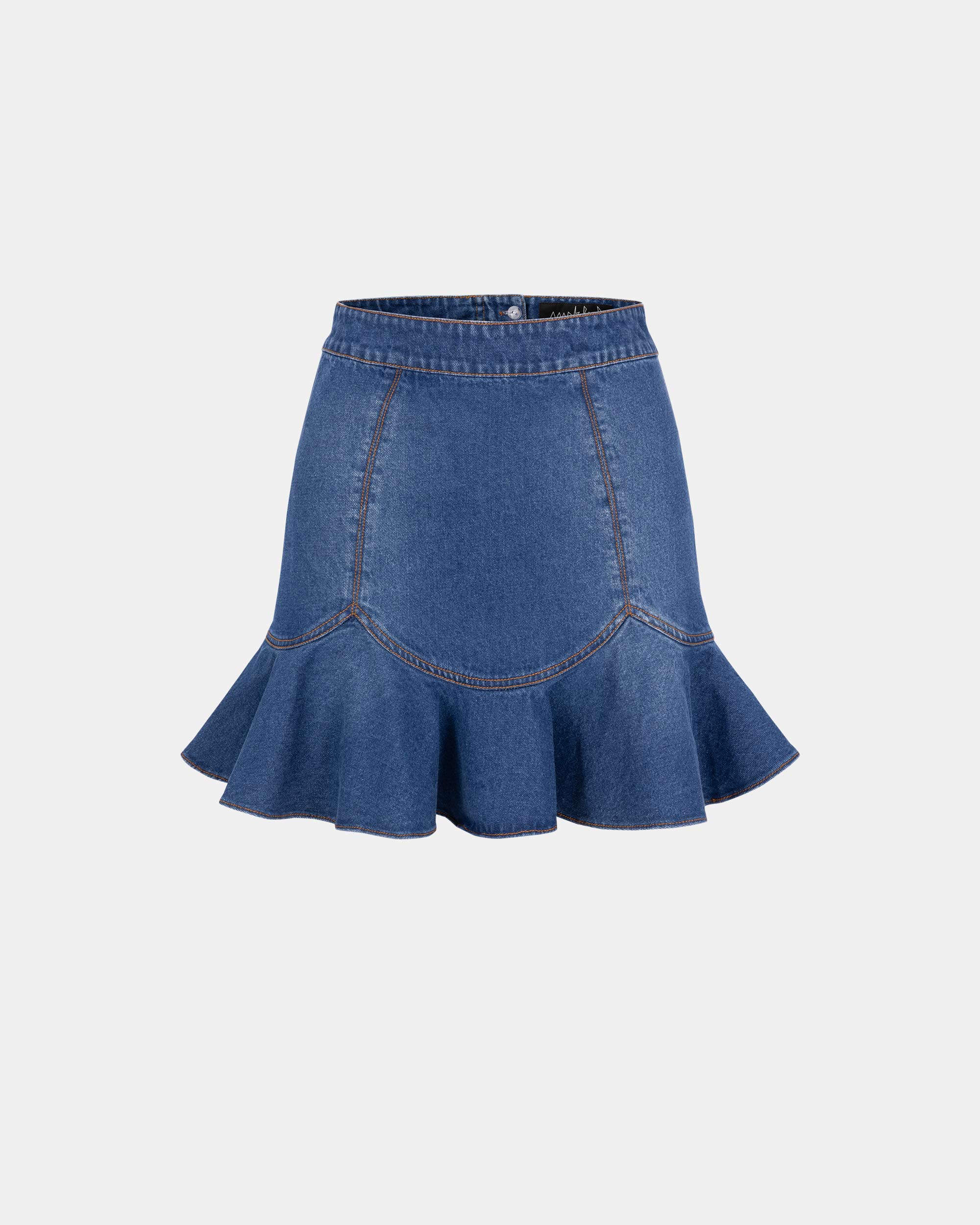 Women's Blue Wavy Trim Flared Denim Skirt
