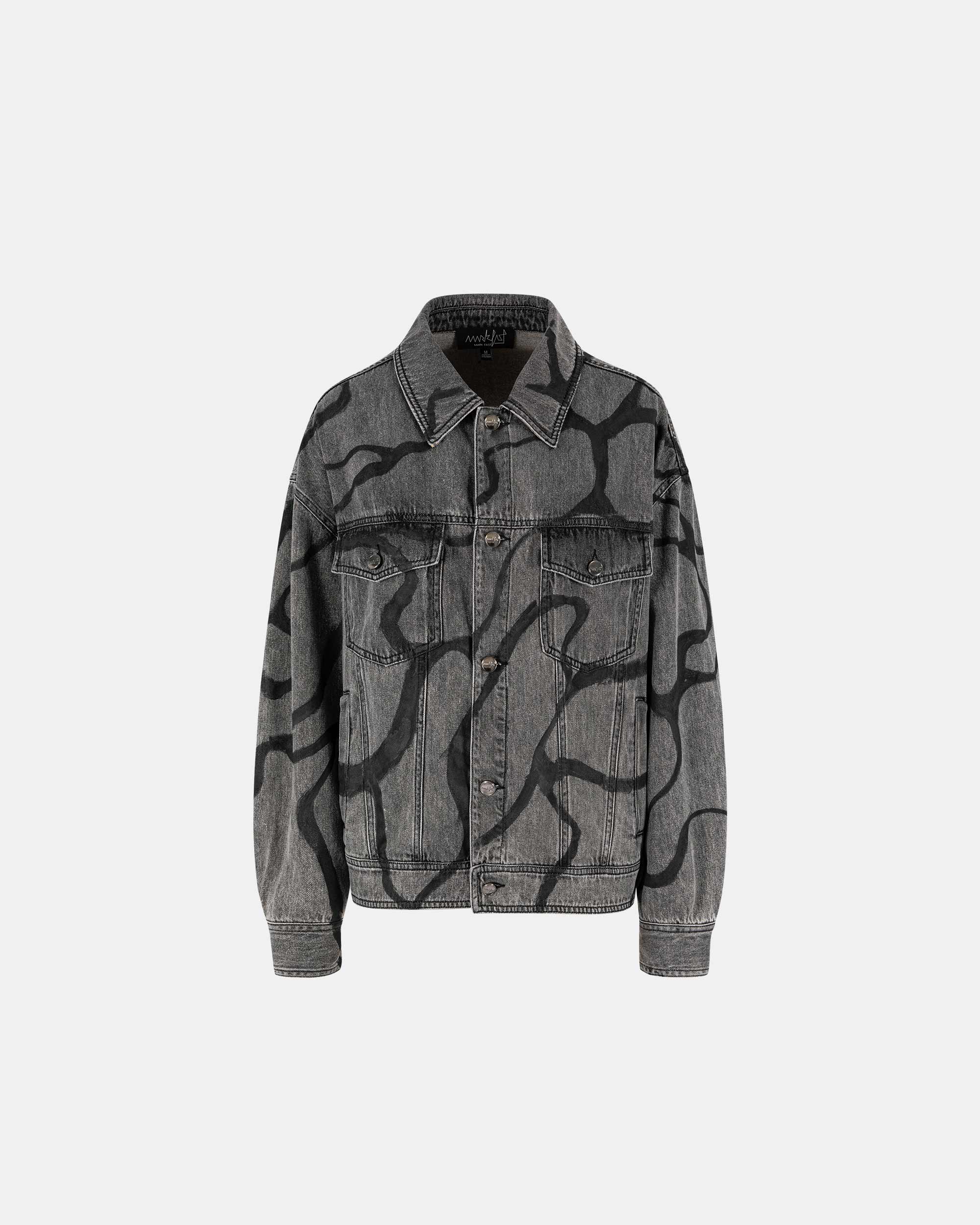 Unisex Abstract Print Washed Grey Denim Jacket