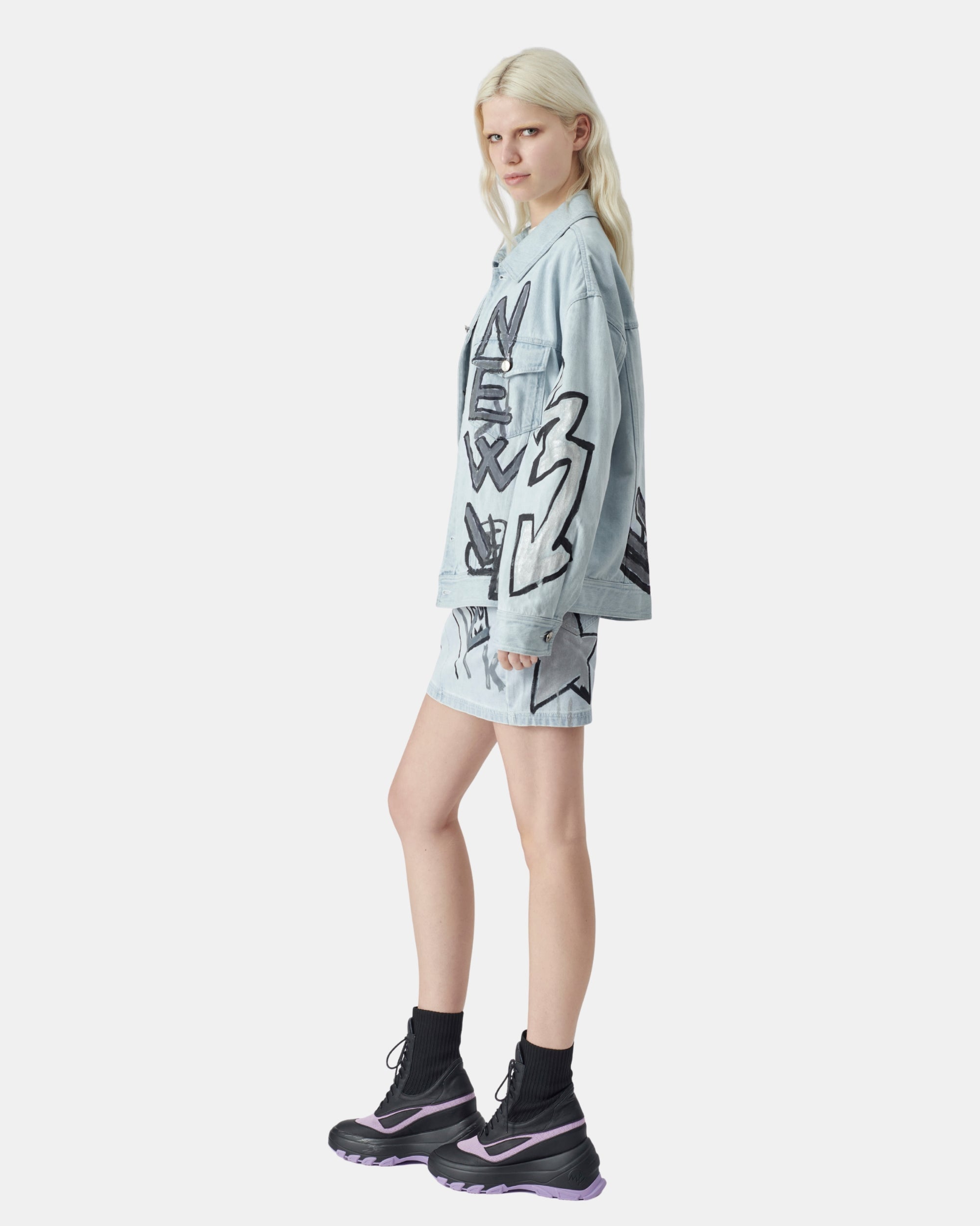 Unisex Metallic Star Graffiti Bleached Denim Jacket