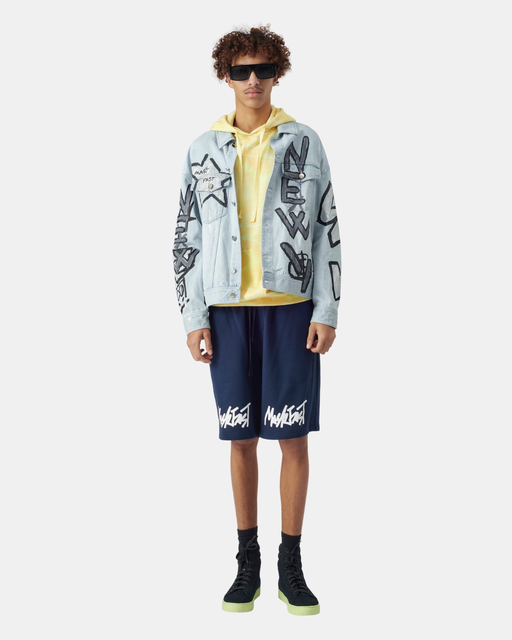 Unisex Metallic Star Graffiti Bleached Denim Jacket