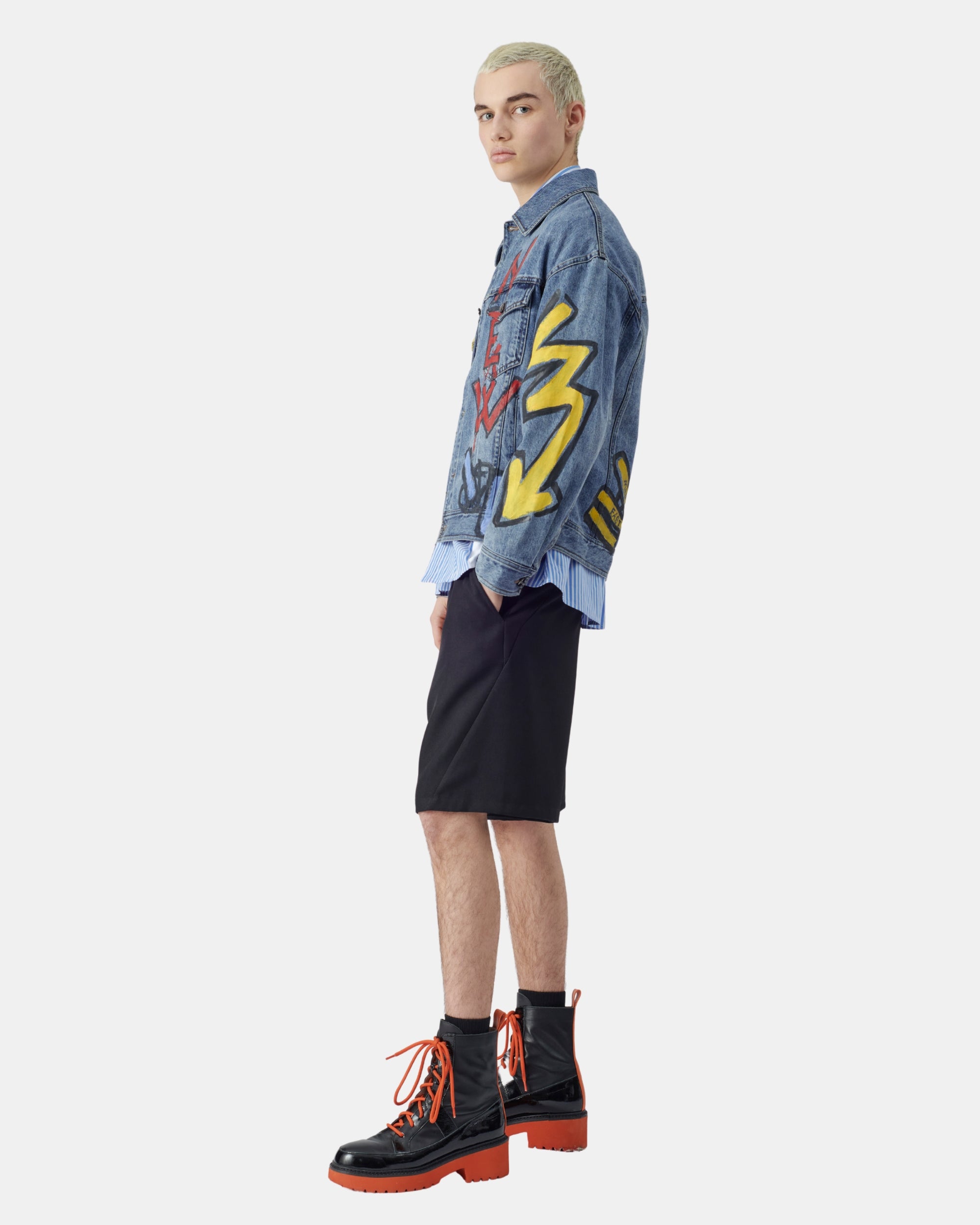 Unisex Metallic Star Graffiti Bleached Denim Jacket