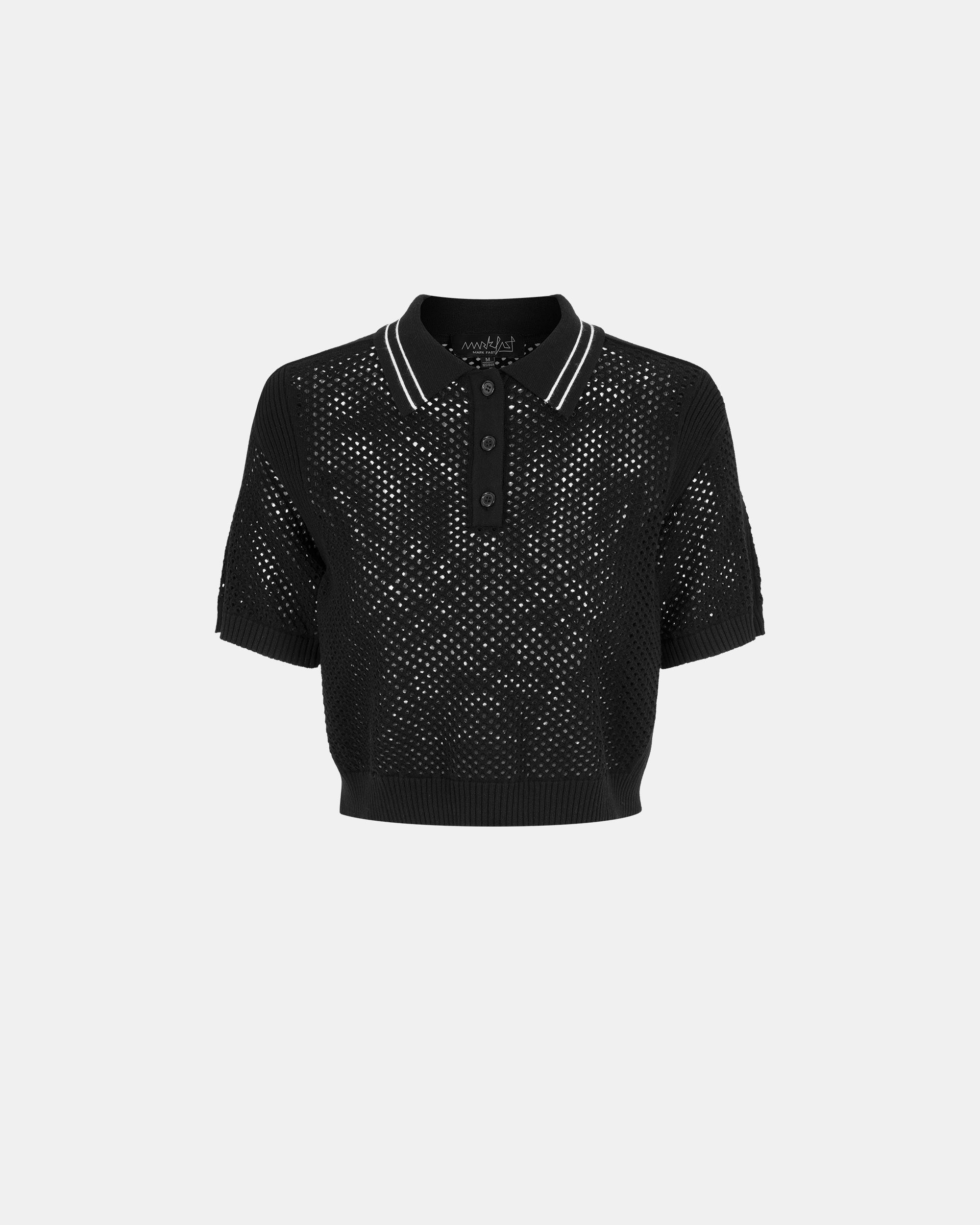 Women's Black Polo Neck Eyelet Sweater