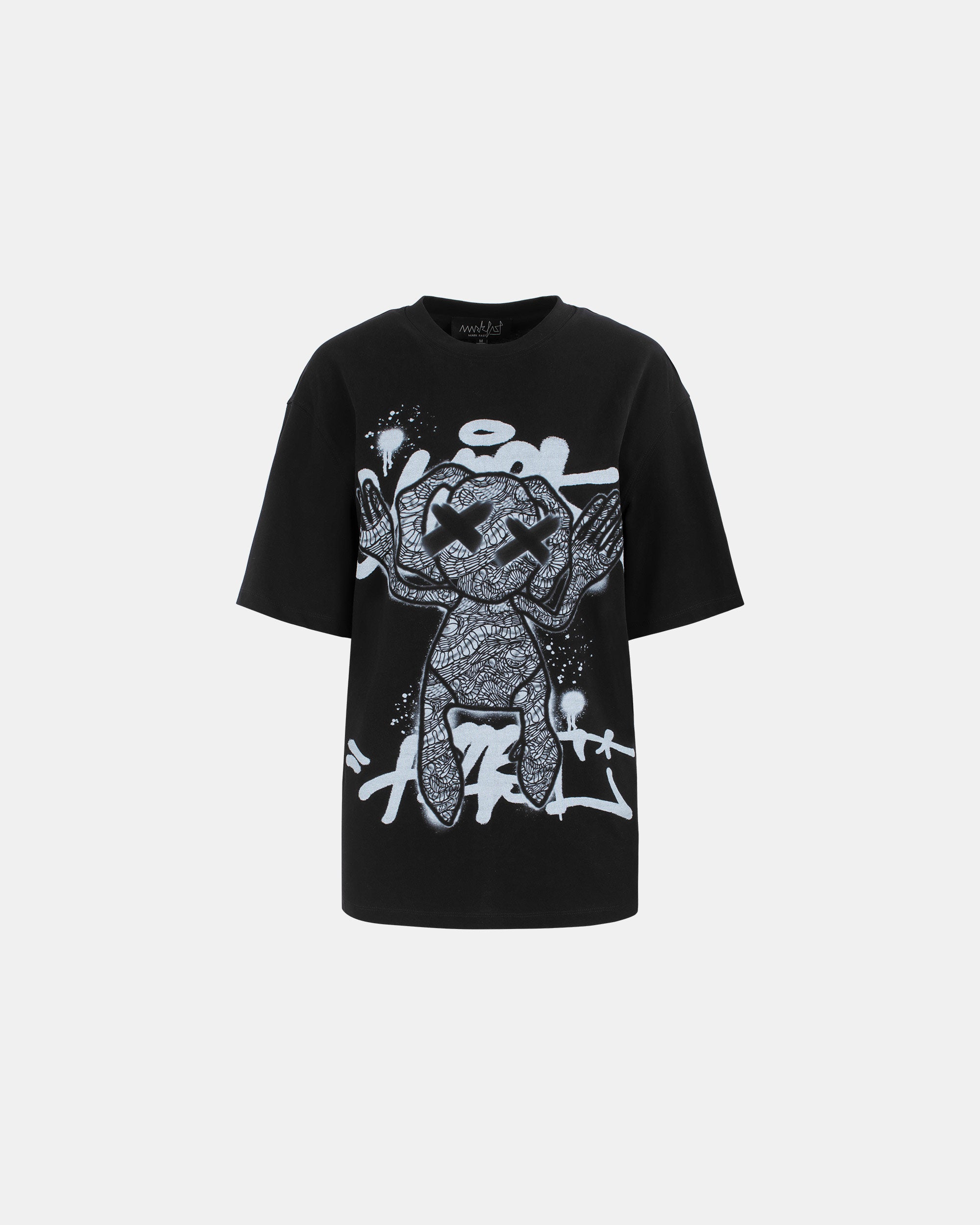 Unisex Threaded Small Round Neck Abstract Monster Print Loose Cotton Tee