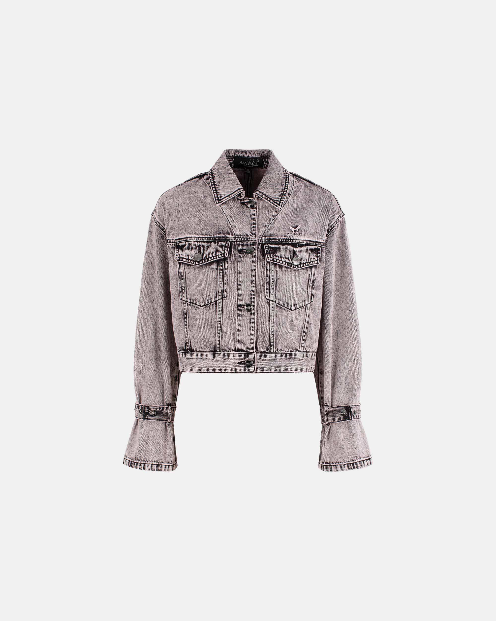 Women's Buckled Cuff Distressed Denim Trucker Jacket