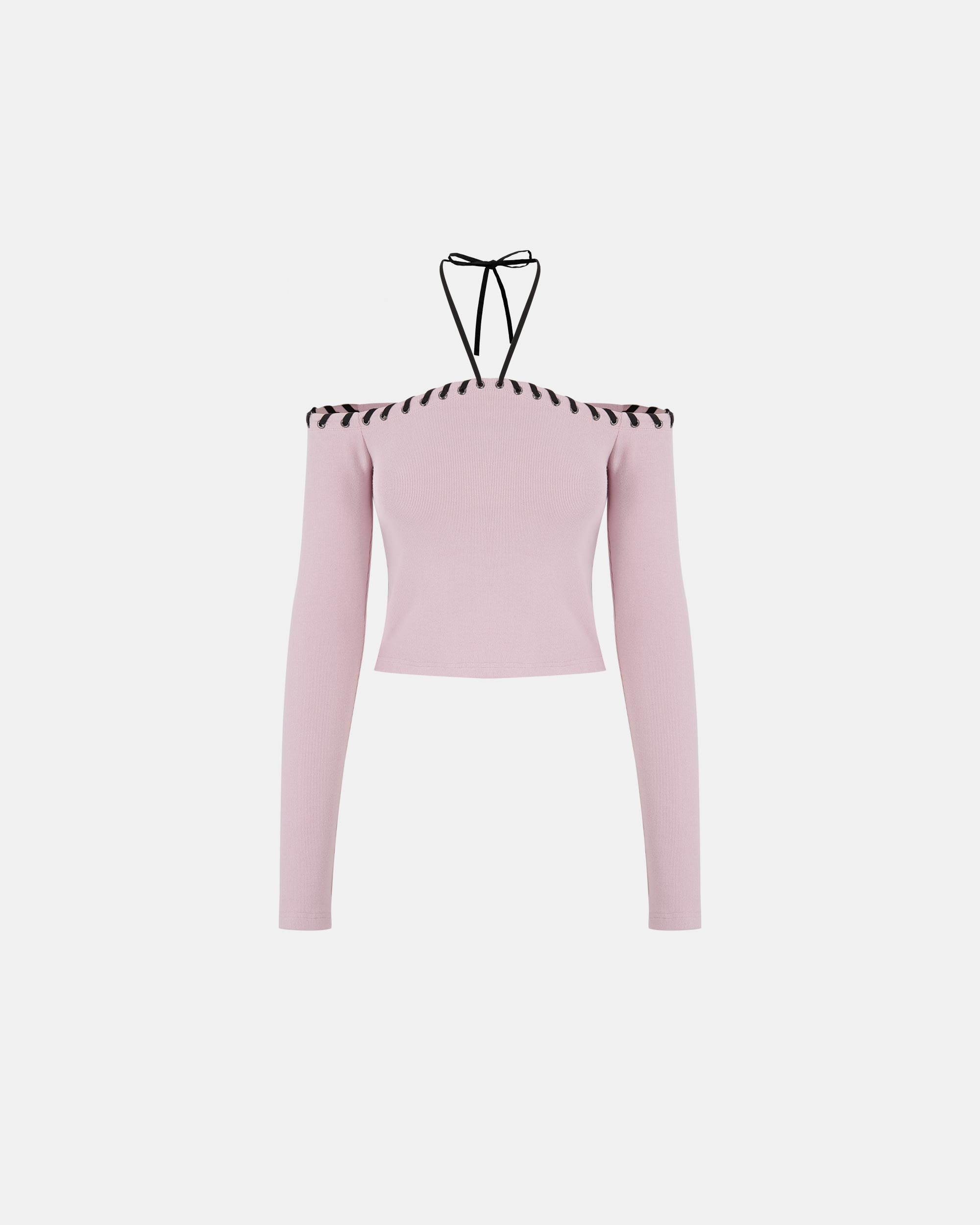 Women's Contrast Lace Up Halter Off-Shoulder Top