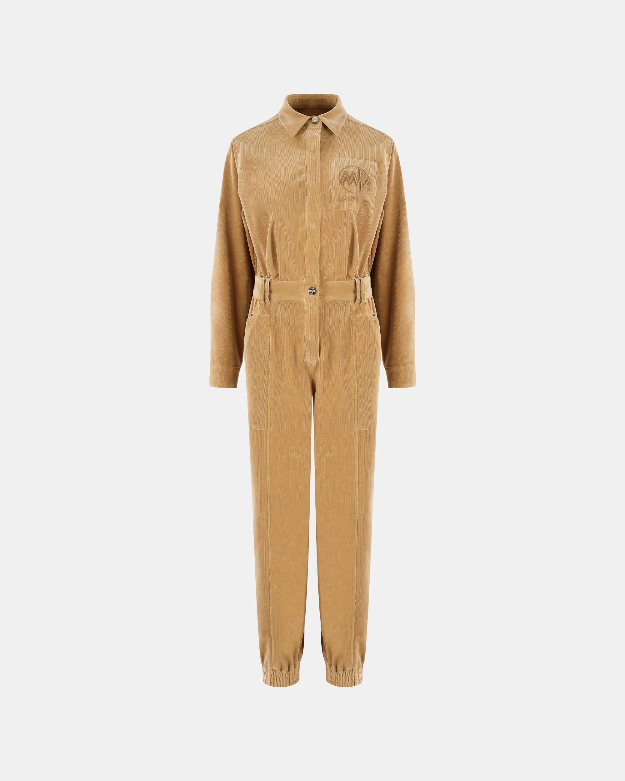 Women's Corduroy Collared Button-Up Elastic Waist Jumpsuit
