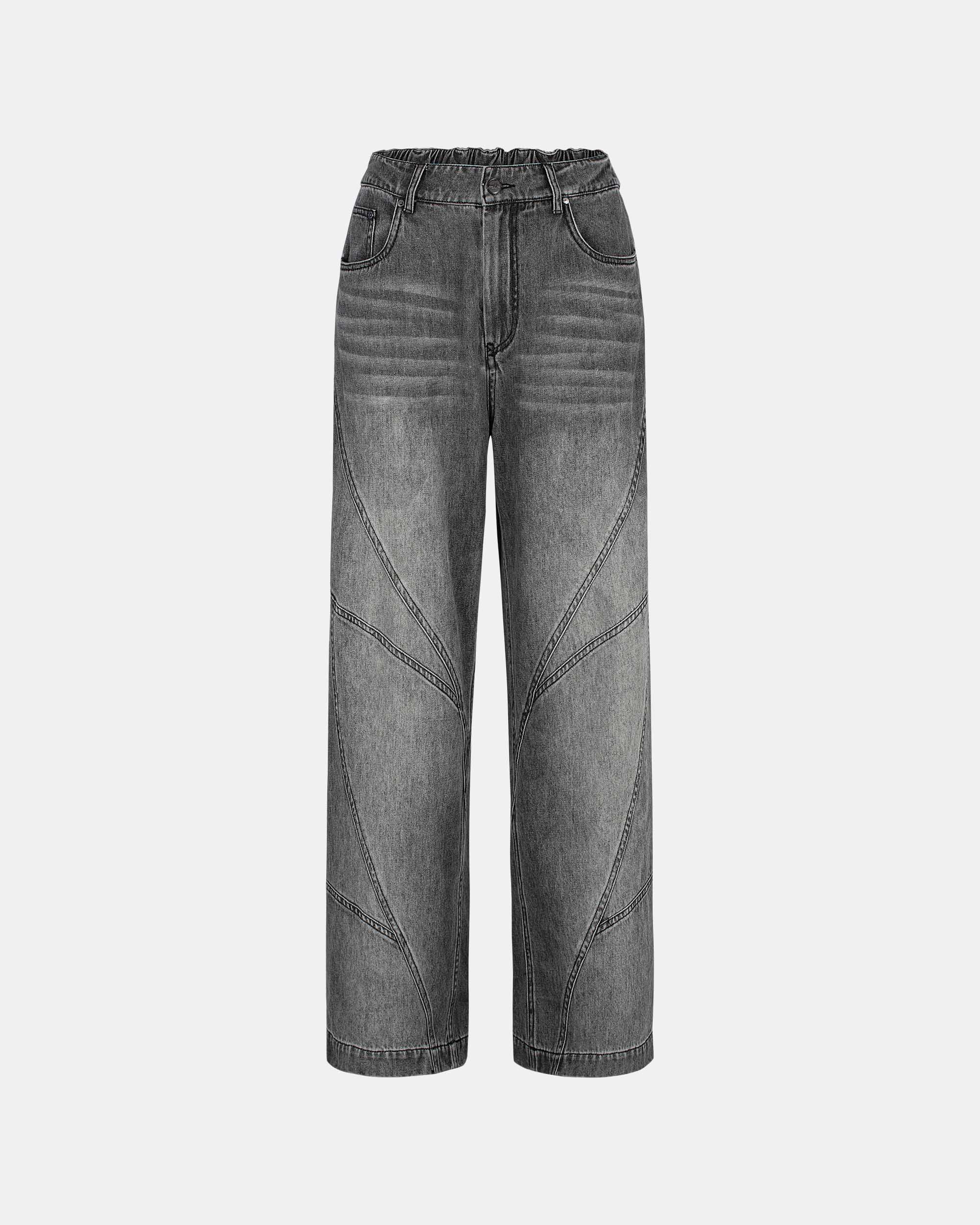 Unisex Grey Elastic Waist Structured Seam Denim Jeans