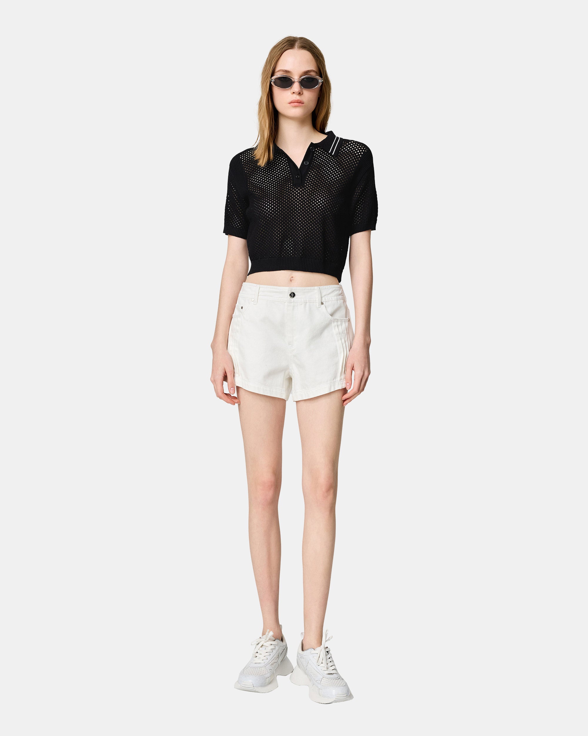 Women's Black Polo Neck Eyelet Sweater
