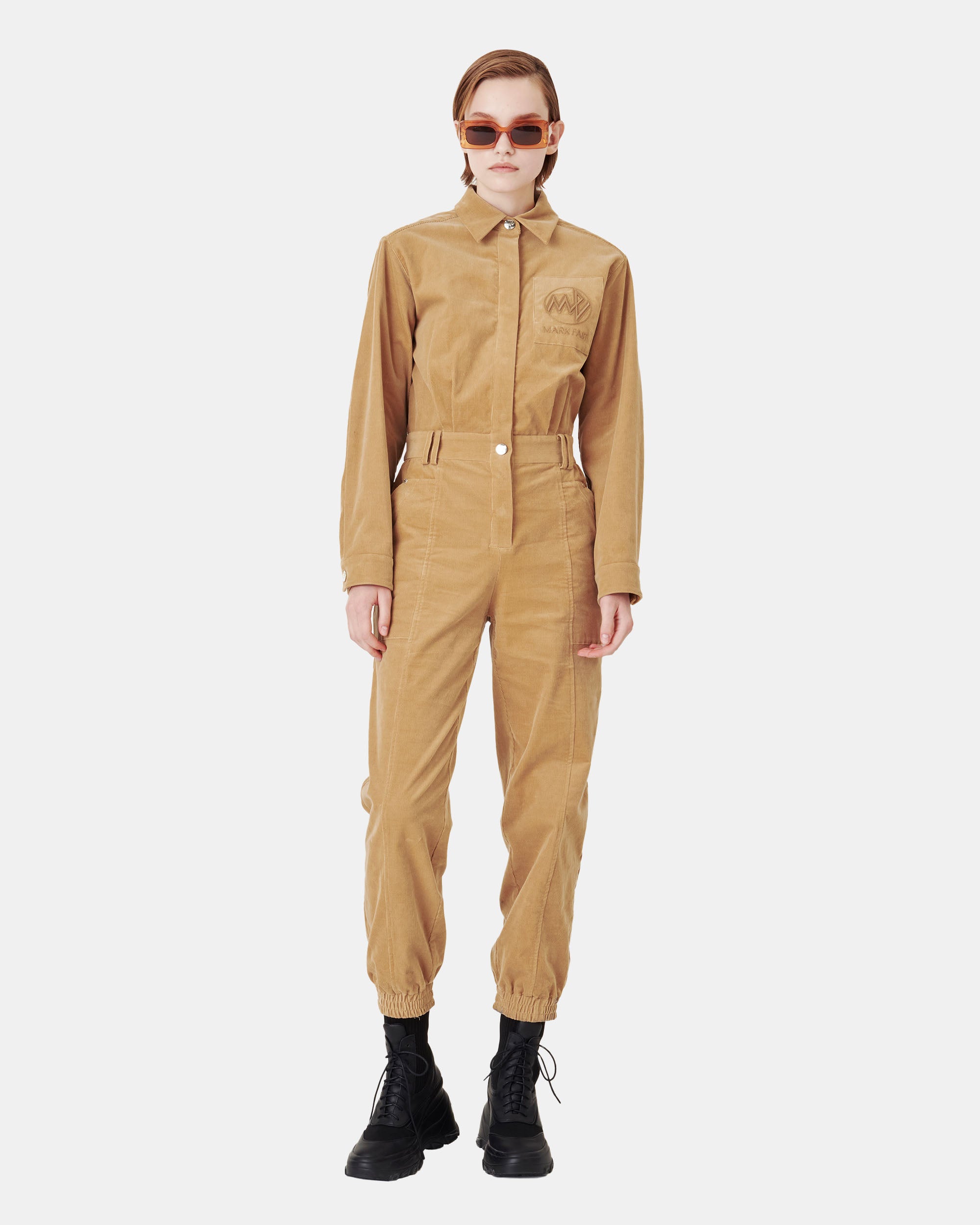 Women's Corduroy Collared Button-Up Elastic Waist Jumpsuit