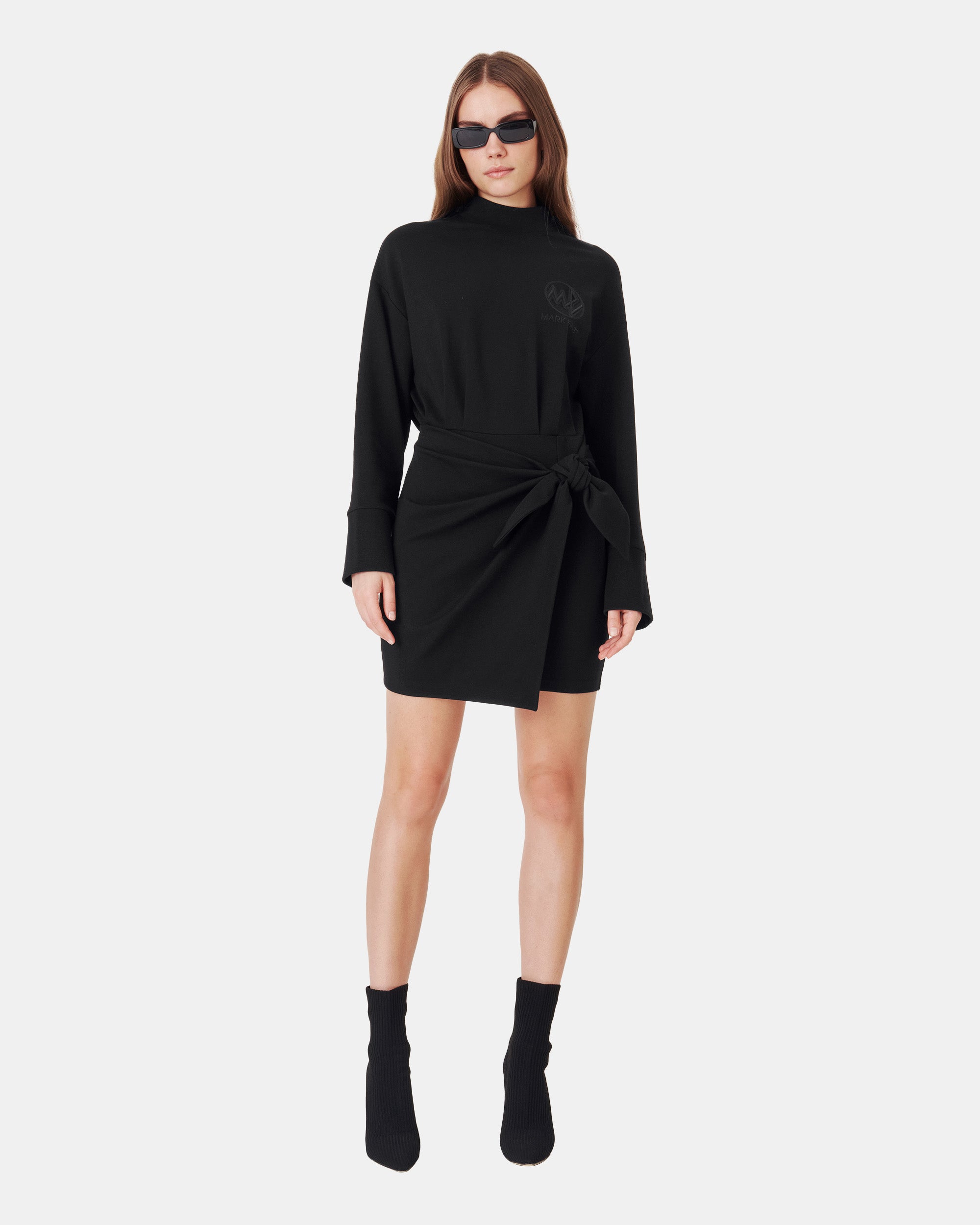 Women's Mock Neck Self-Tie Wrap Sweatshirt Mini Dress