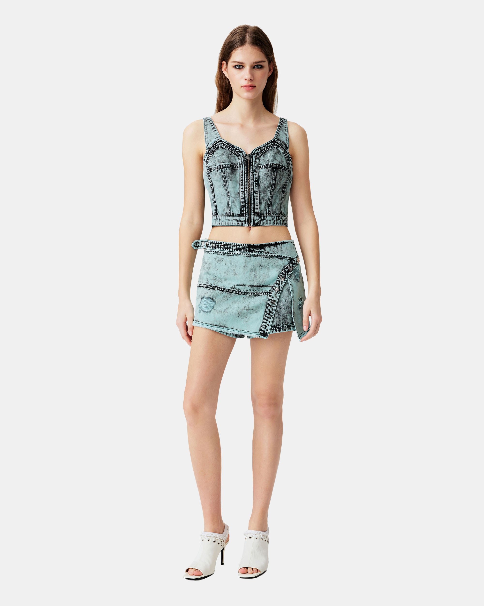Women's Asymmetric Belted Raw Hem Denim Mini Short