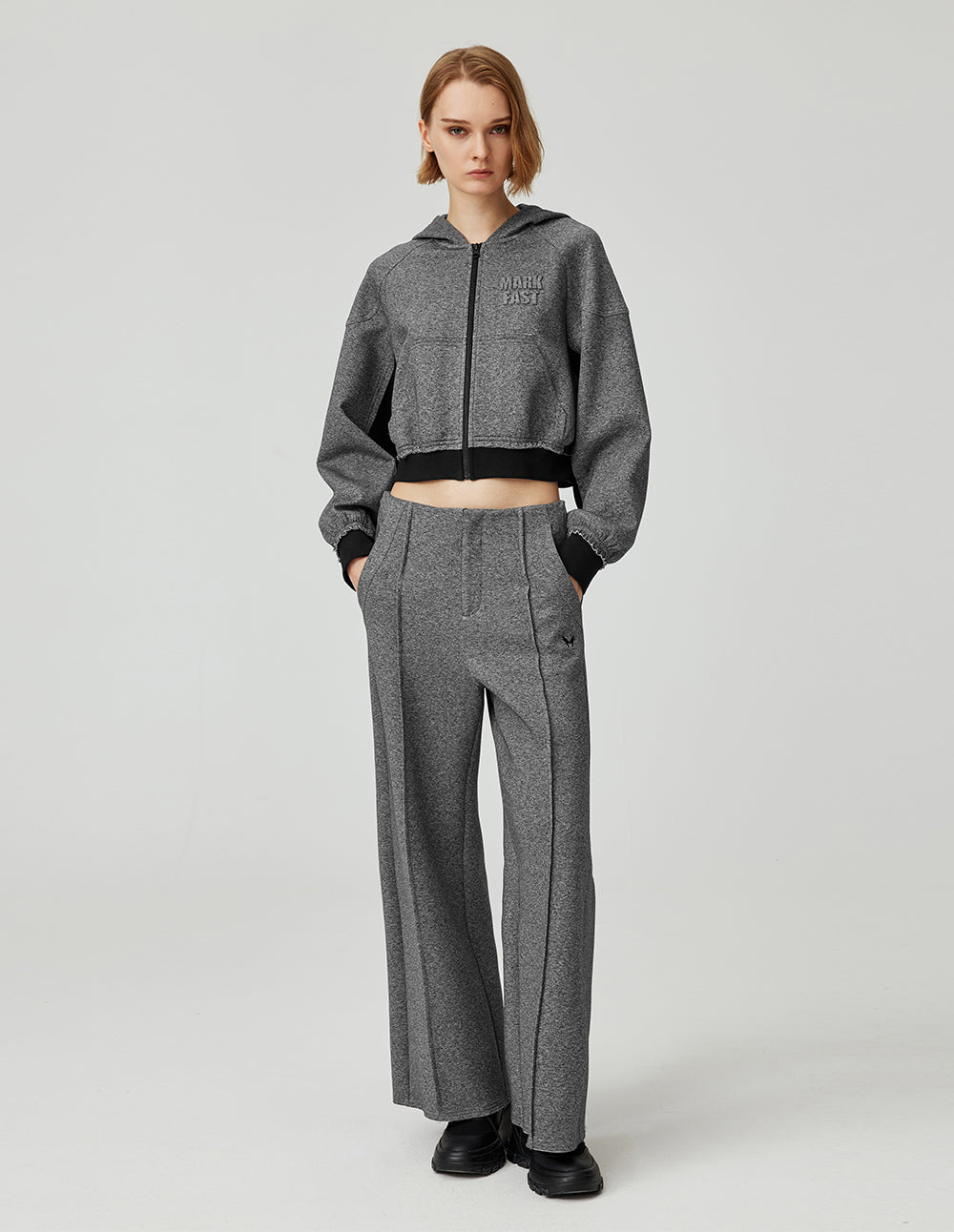 Women's Floral Grey Contrast Elastic Ribbed Zip-Up Hoodie