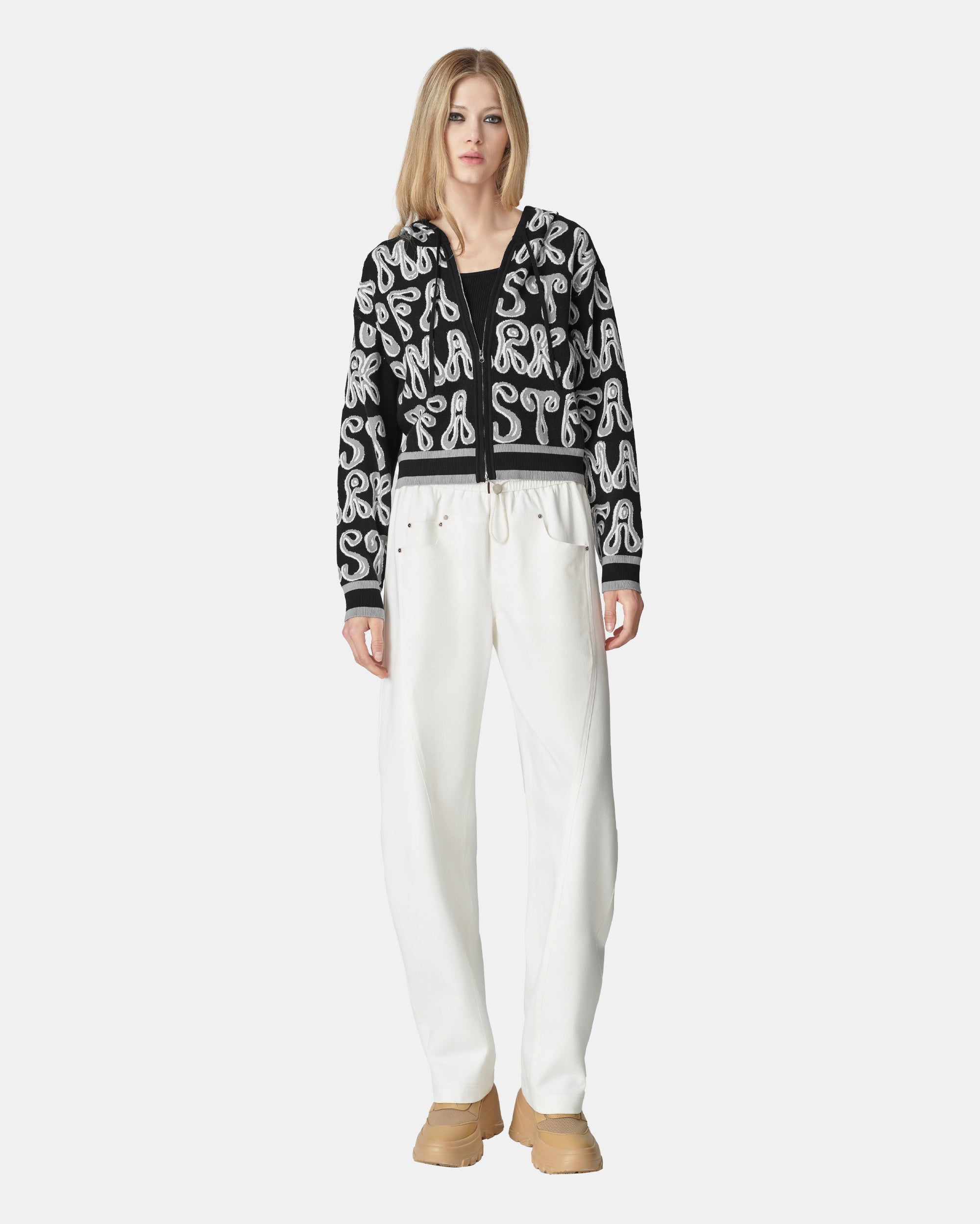 Women's Zip Up Cropped Graphic Jacquard Knit Sweater Hoodie
