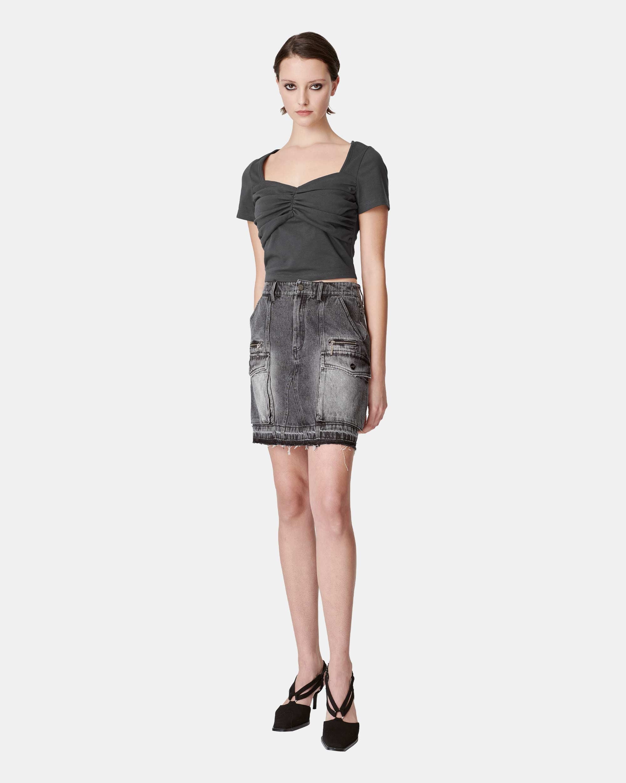 Women's Cotton Sweetheart Neck Ruched Front Cropped T-Shirt
