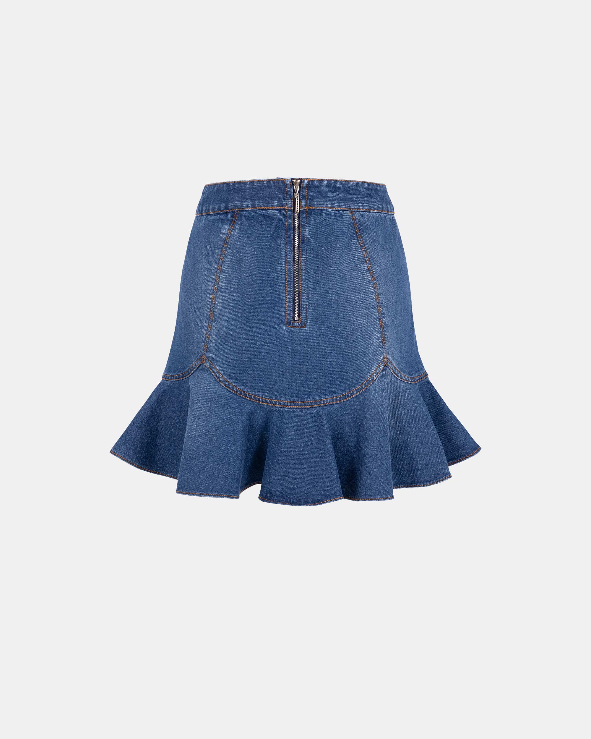 Women's Blue Wavy Trim Flared Denim Skirt